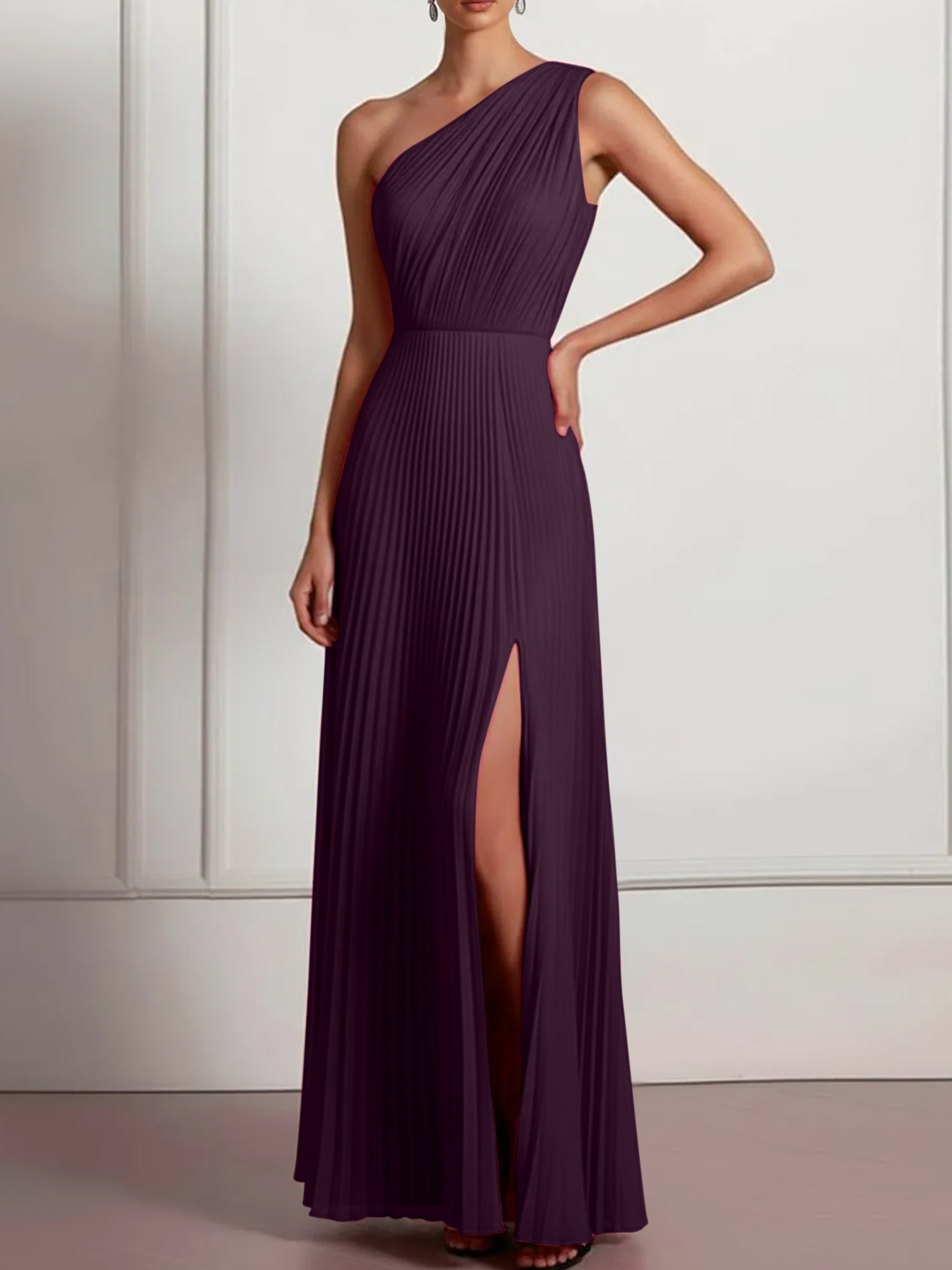 Blush Formal Party Dress One Shoulder Pleated Maxi Dress with Slit