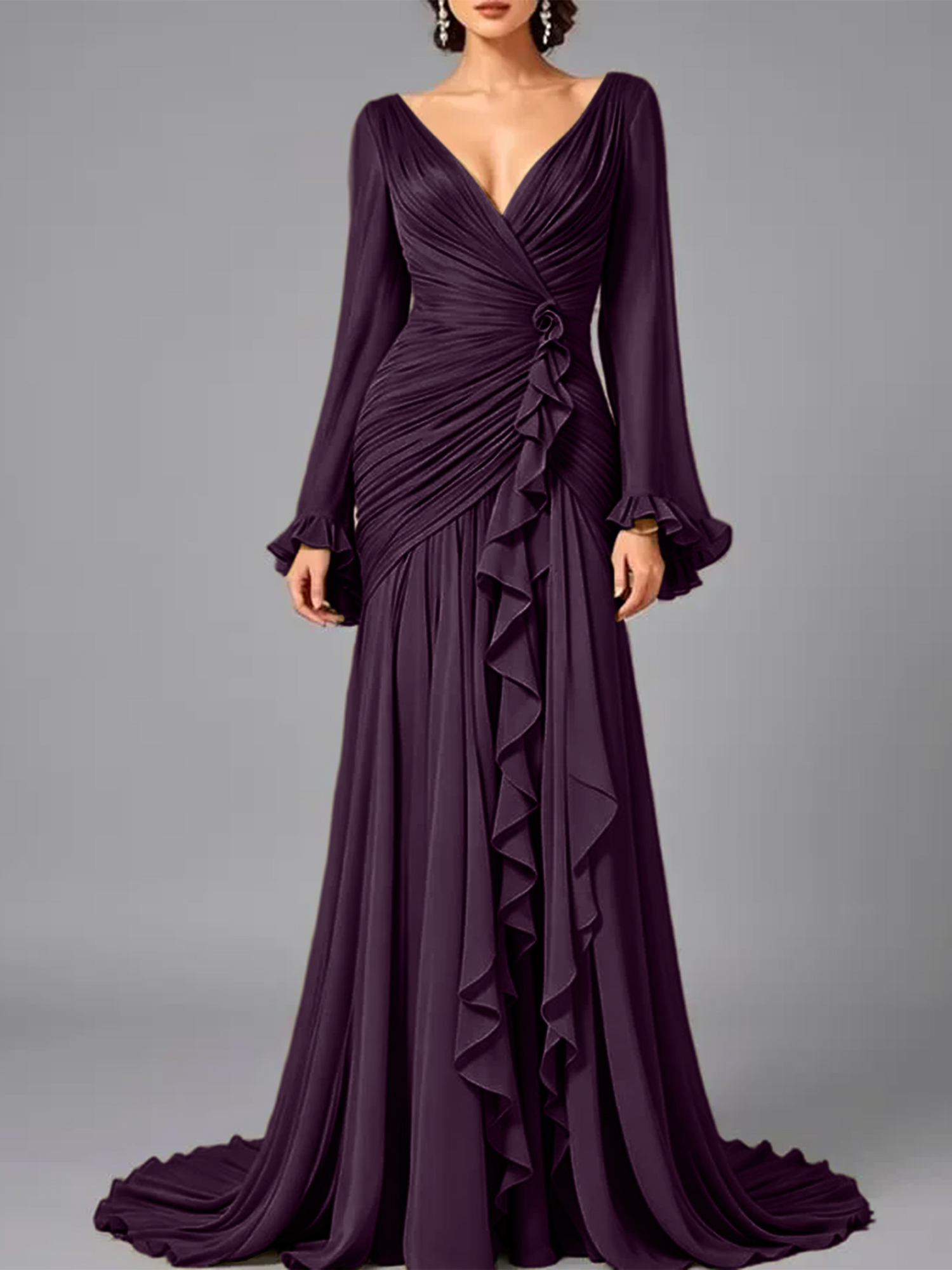 V-Neck Sheer Long Sleeve Ruffled Chiffon Dress