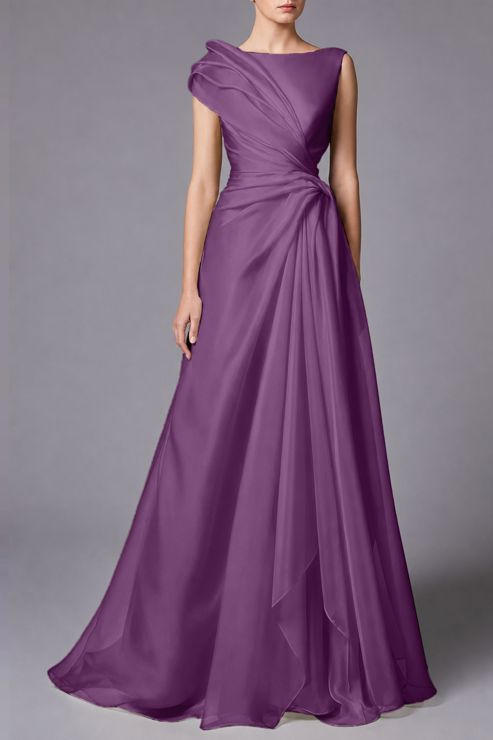 Burgundy Sleeveless Ruched Draped Maxi Dress