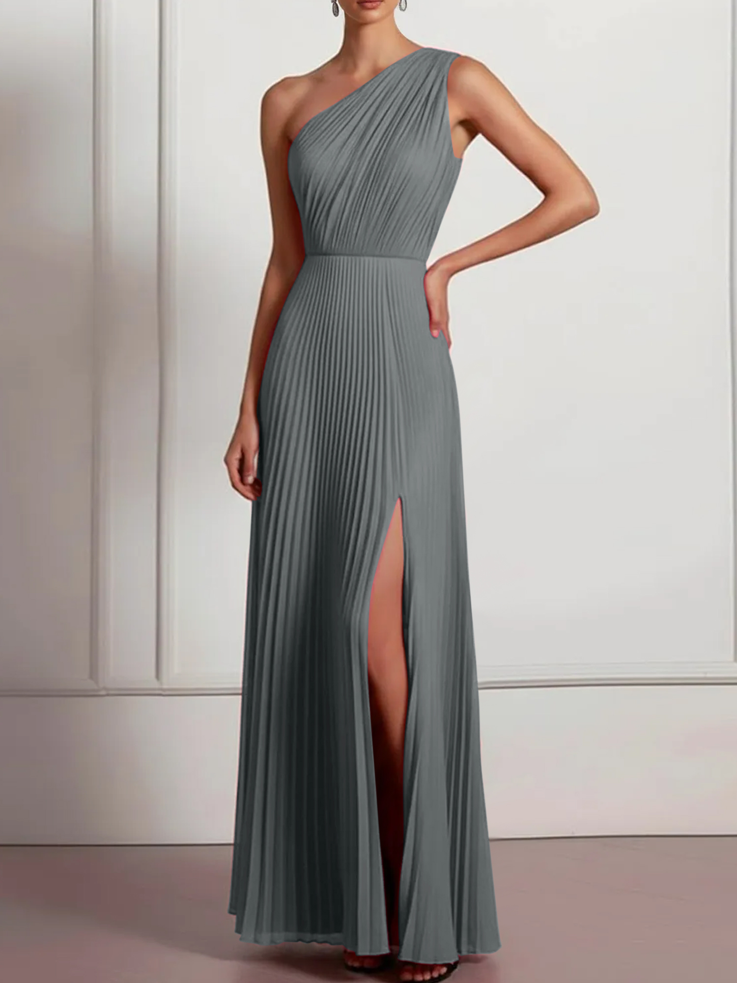 Blush Formal Party Dress One Shoulder Pleated Maxi Dress with Slit