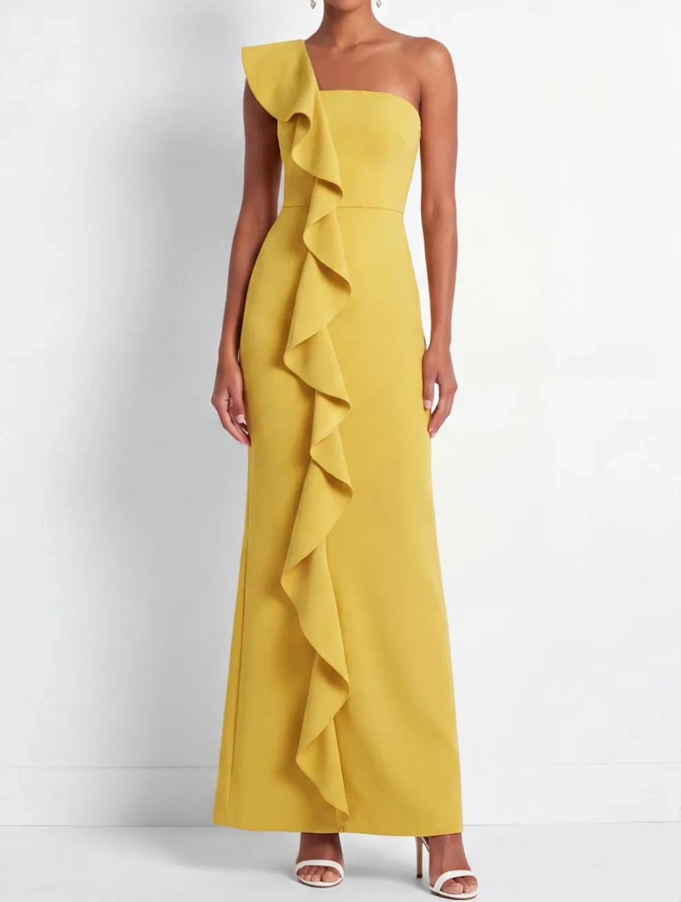 One Shoulder Yellow Ruffled Long Formal Dress