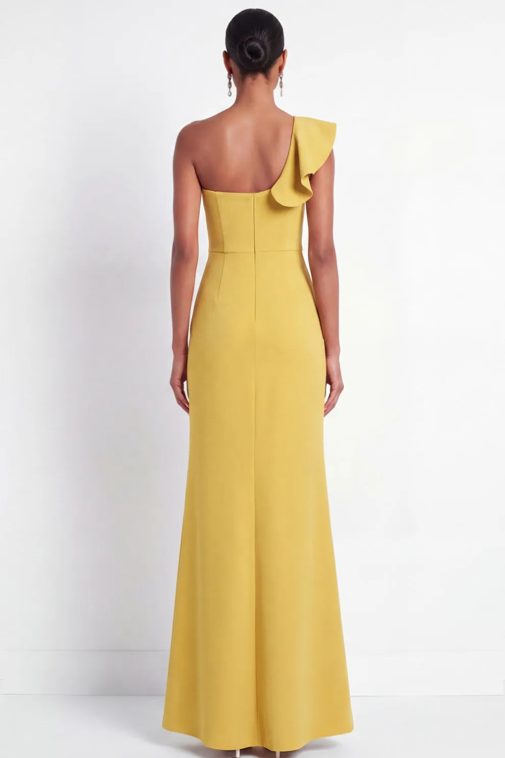 One Shoulder Yellow Ruffled Long Formal Dress