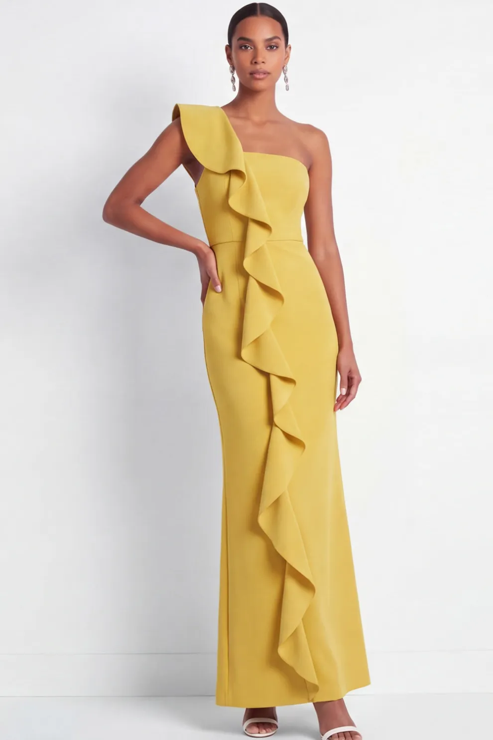 One Shoulder Yellow Ruffled Long Formal Dress