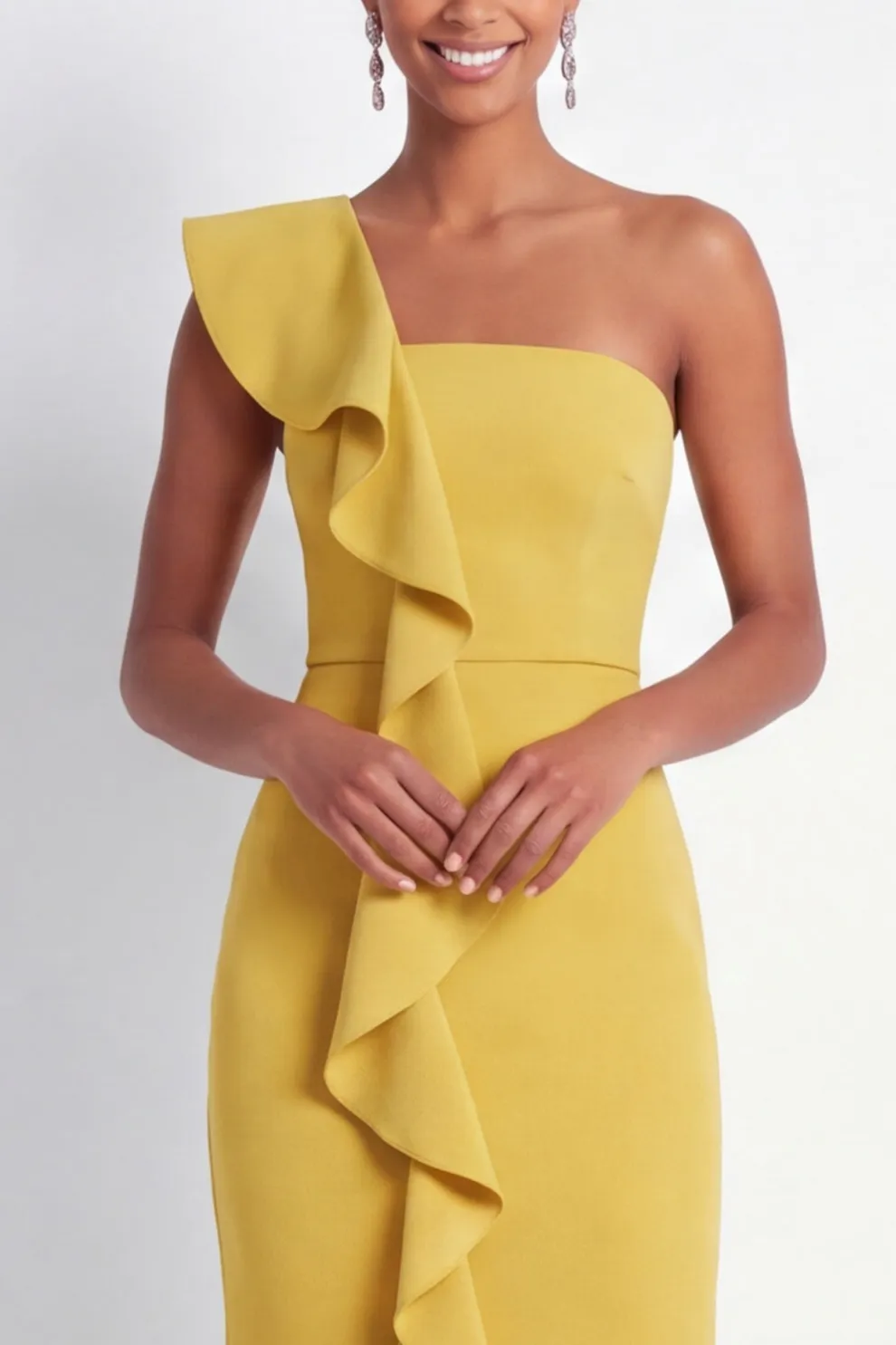 One Shoulder Yellow Ruffled Long Formal Dress
