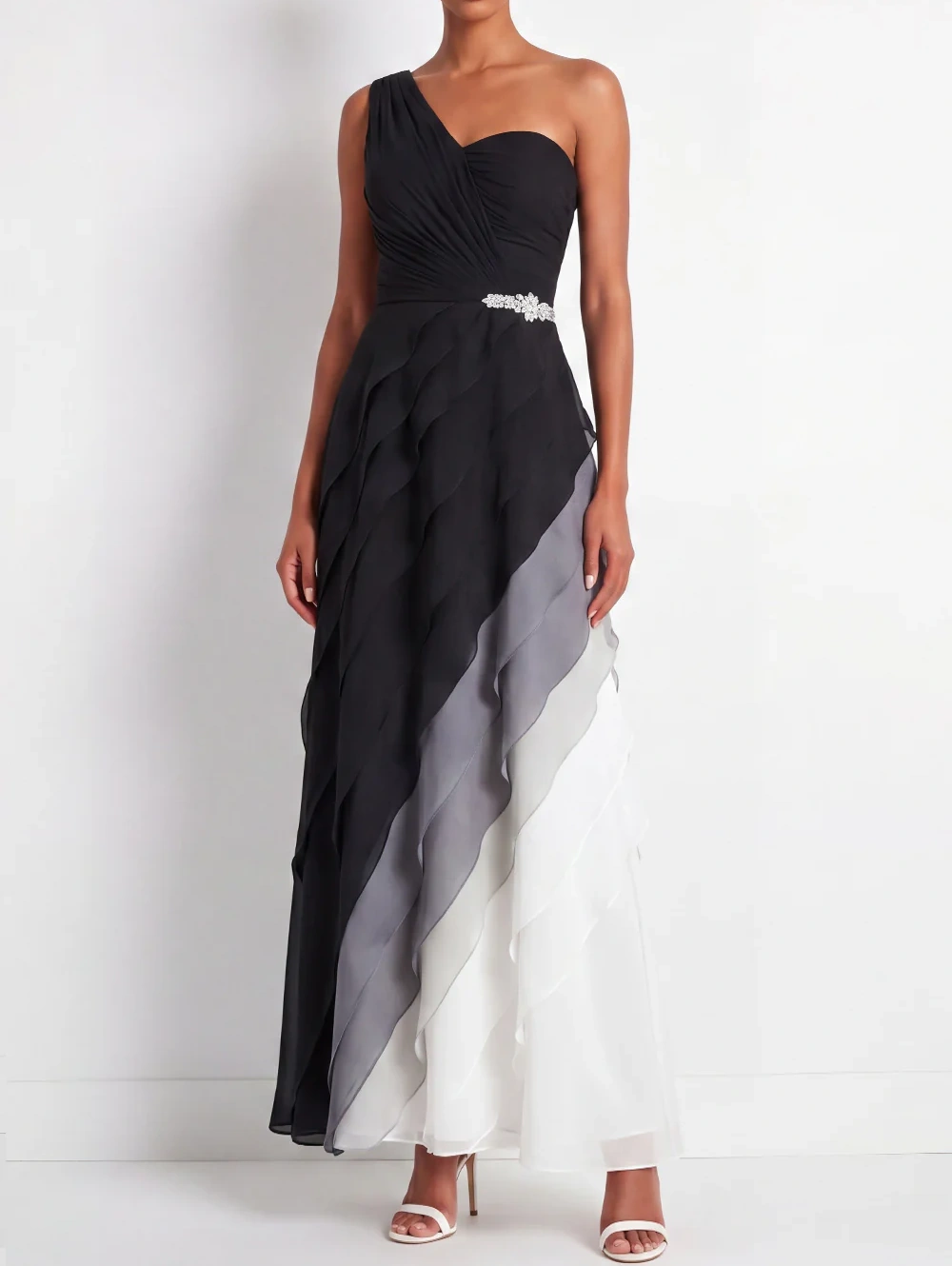 One Shoulder Ruched A Line Ruffled Black and White Maxi Formal Dress