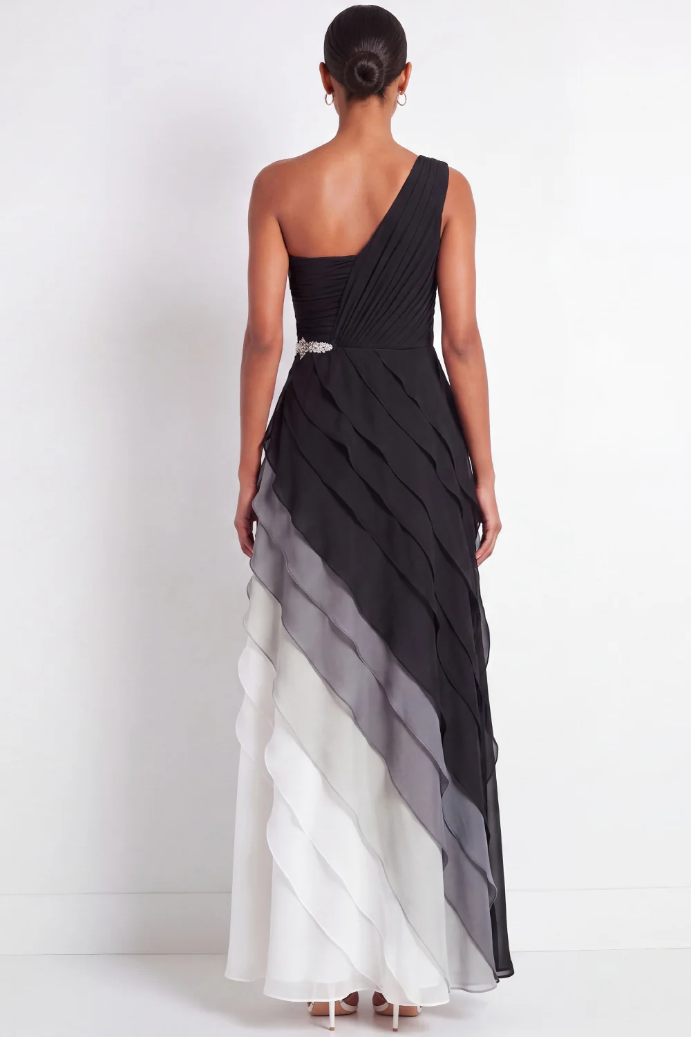 One Shoulder Ruched A Line Ruffled Black and White Maxi Formal Dress