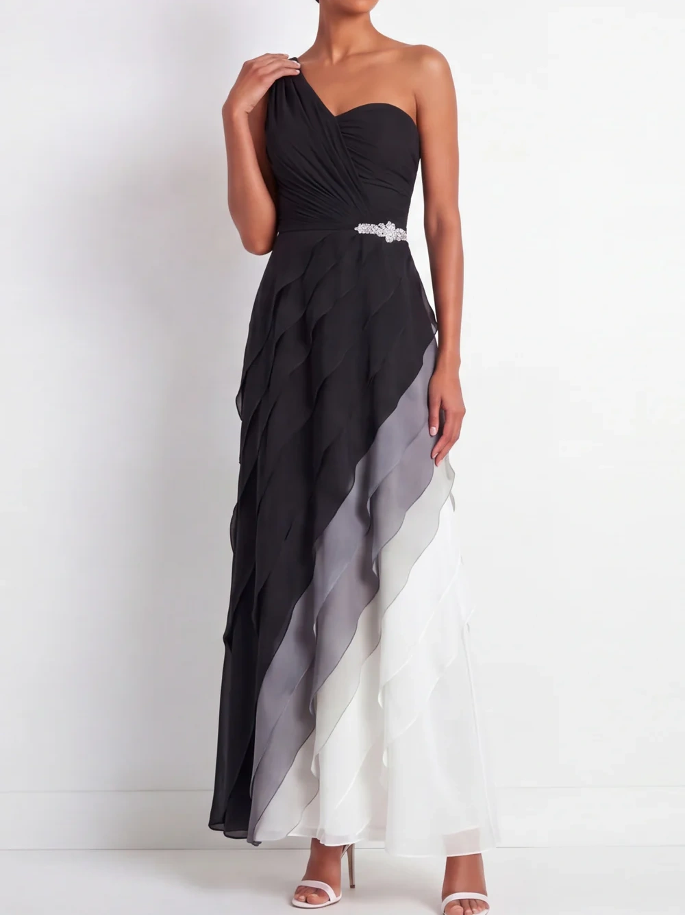 One Shoulder Ruched A Line Ruffled Black and White Maxi Formal Dress