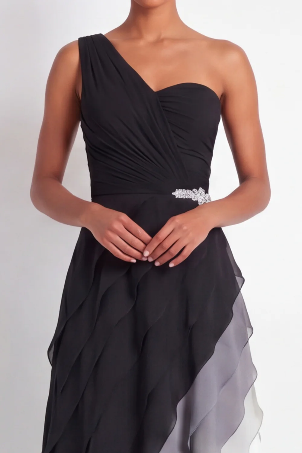 One Shoulder Ruched A Line Ruffled Black and White Maxi Formal Dress