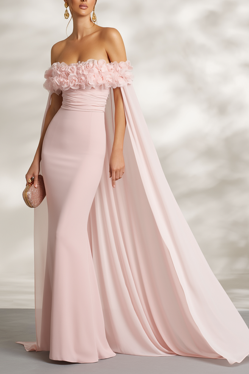 Wedding Dress Pink Off Shoulder Floral Cape Maxi Dress