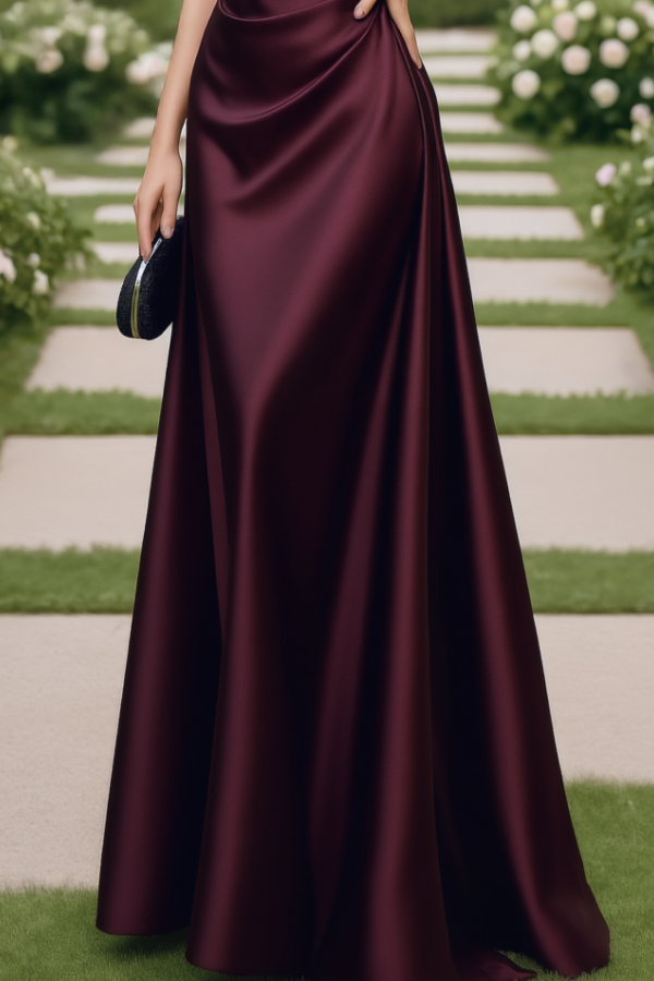 Formal Wedding Guest Dress Burgundy Halter Neck Maxi Satin Dress