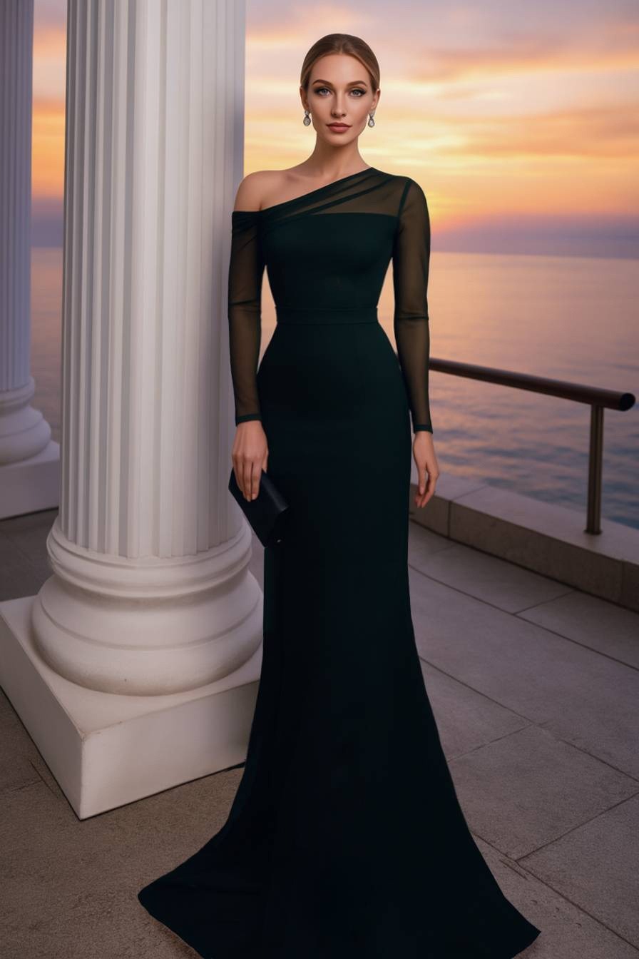Formal ​Evening Dress Black Cold Shoulder Long Sleeve Maxi Mermaid Dress
