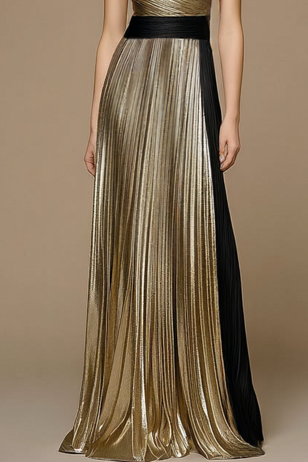 Formal ​Evening Dress Gold One Shoulder Pleated Maxi Dress