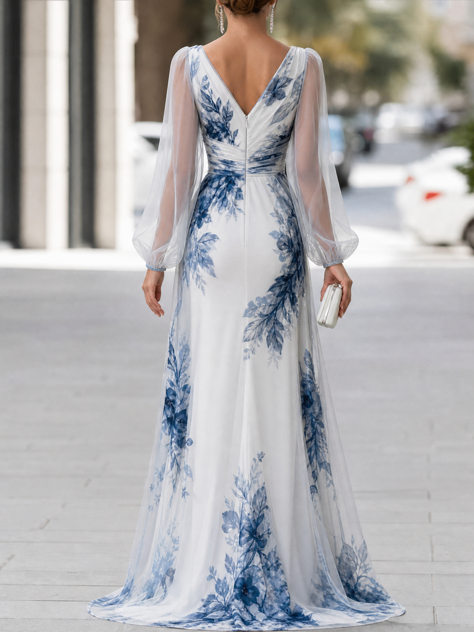 Front Slit Sheer Mesh Printed Maxi Dress