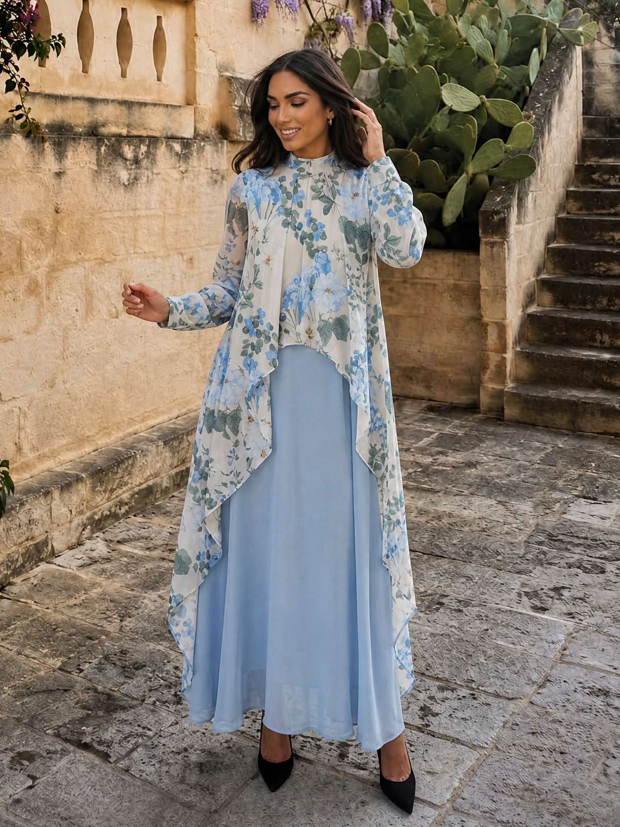Mock Neck Long Sleeve Asymmetric Overlay Floral Print Floor-Length Chiffon Gown
