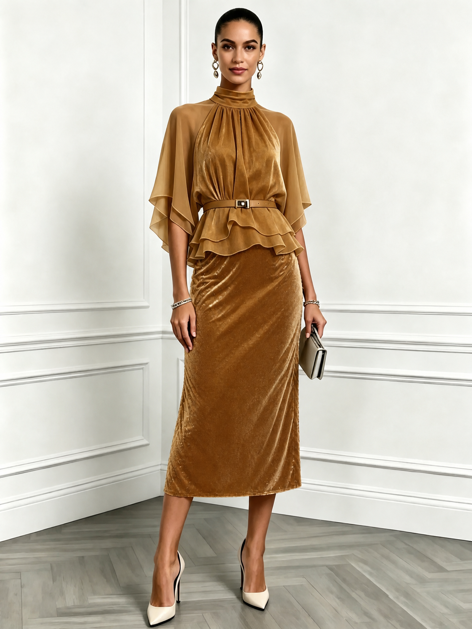 Camel High Neck Chiffon Cape Sleeve Velvet Sheath Midi Dress