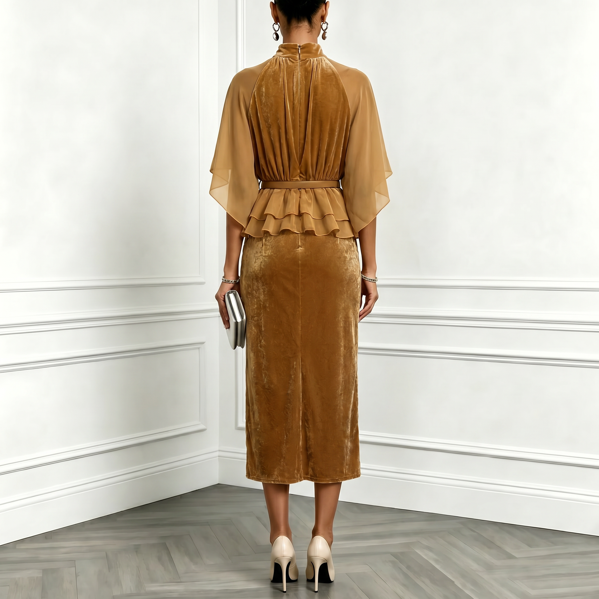 Camel High Neck Chiffon Cape Sleeve Velvet Sheath Midi Dress
