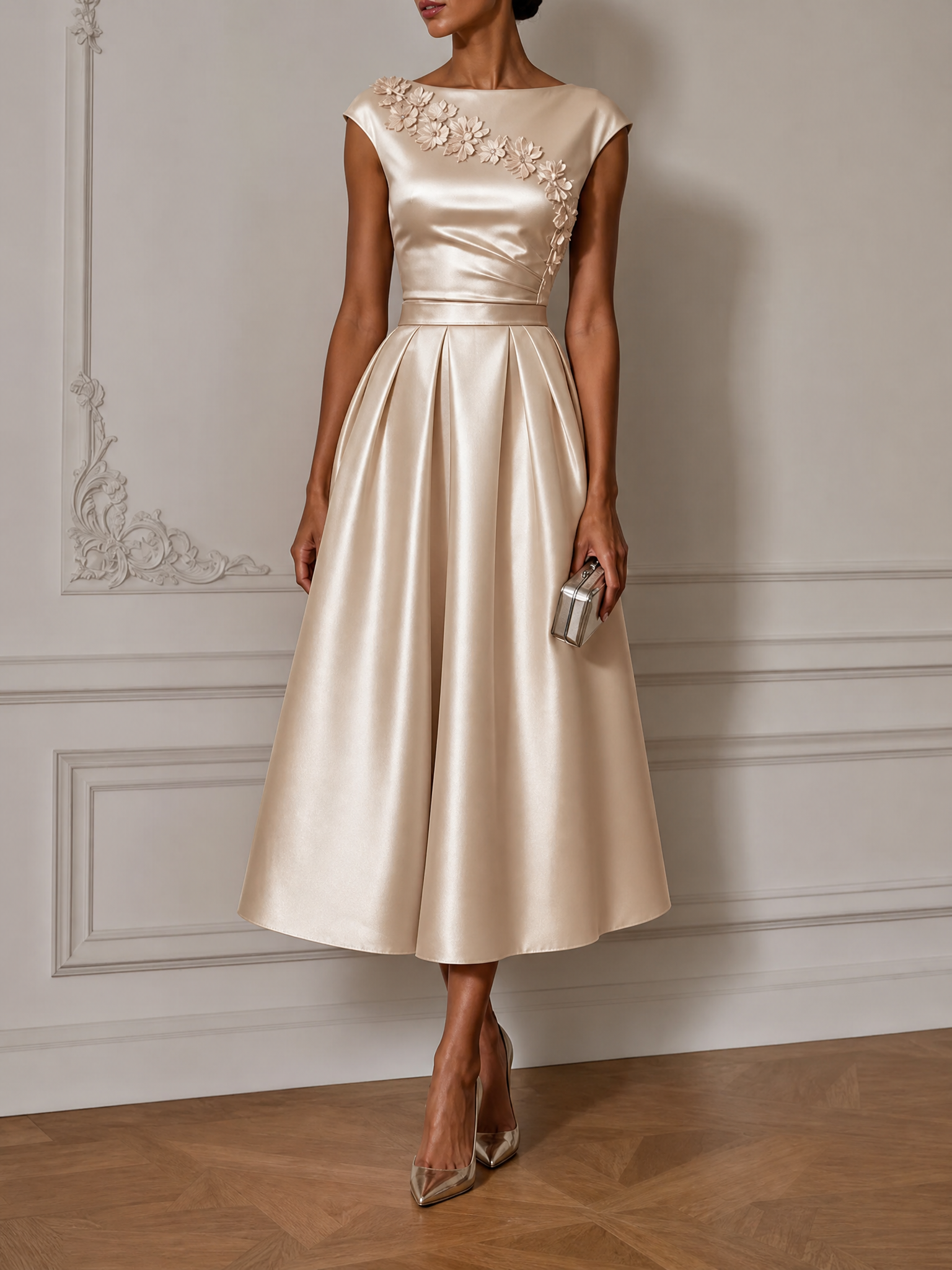 Champagne Satin Cap Sleeve 3D Floral Embellished A-Line Midi Dress