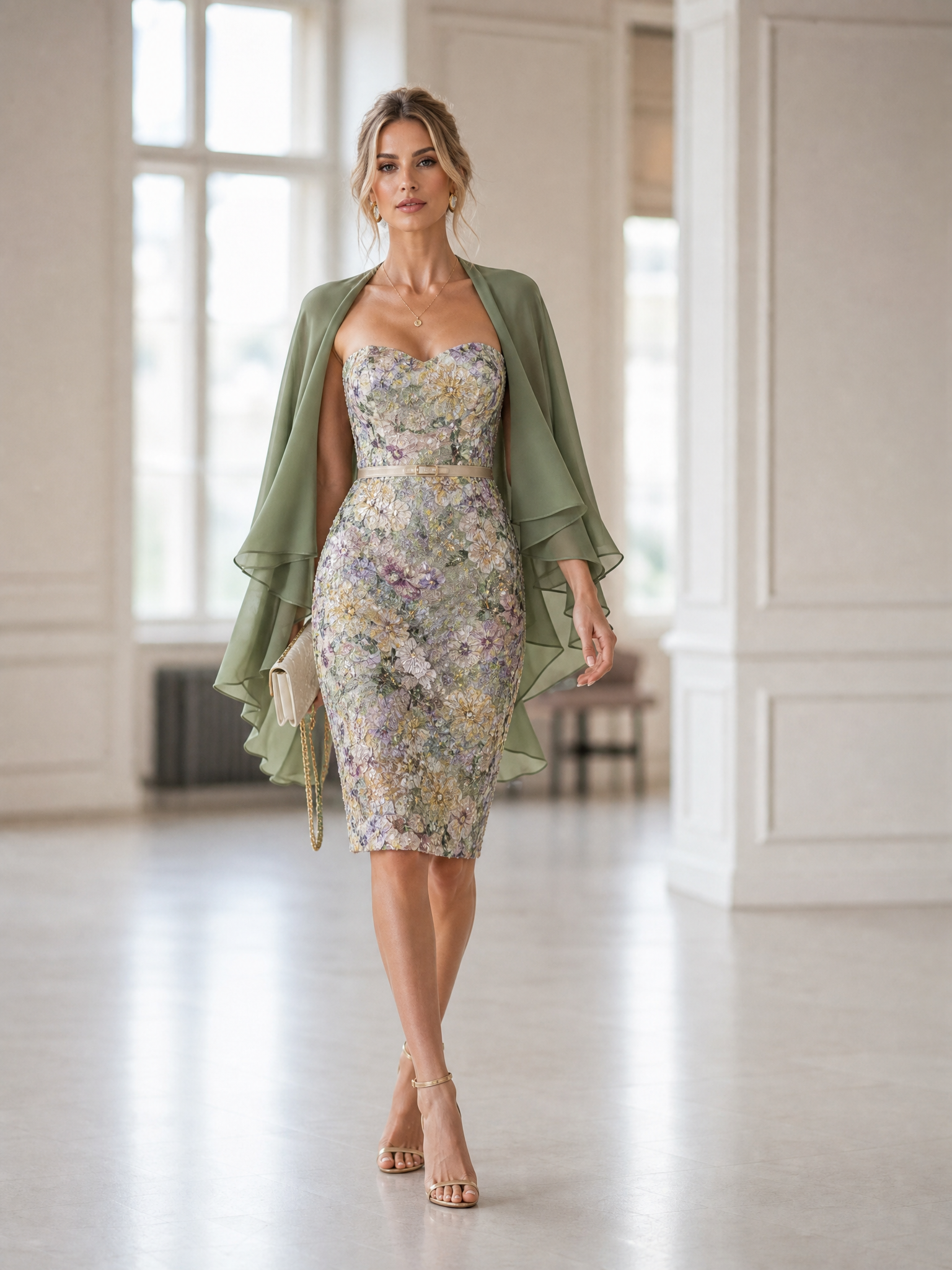 Strapless 3D Floral Embellished Sheath Midi Dress with Chiffon Capelet & Belt