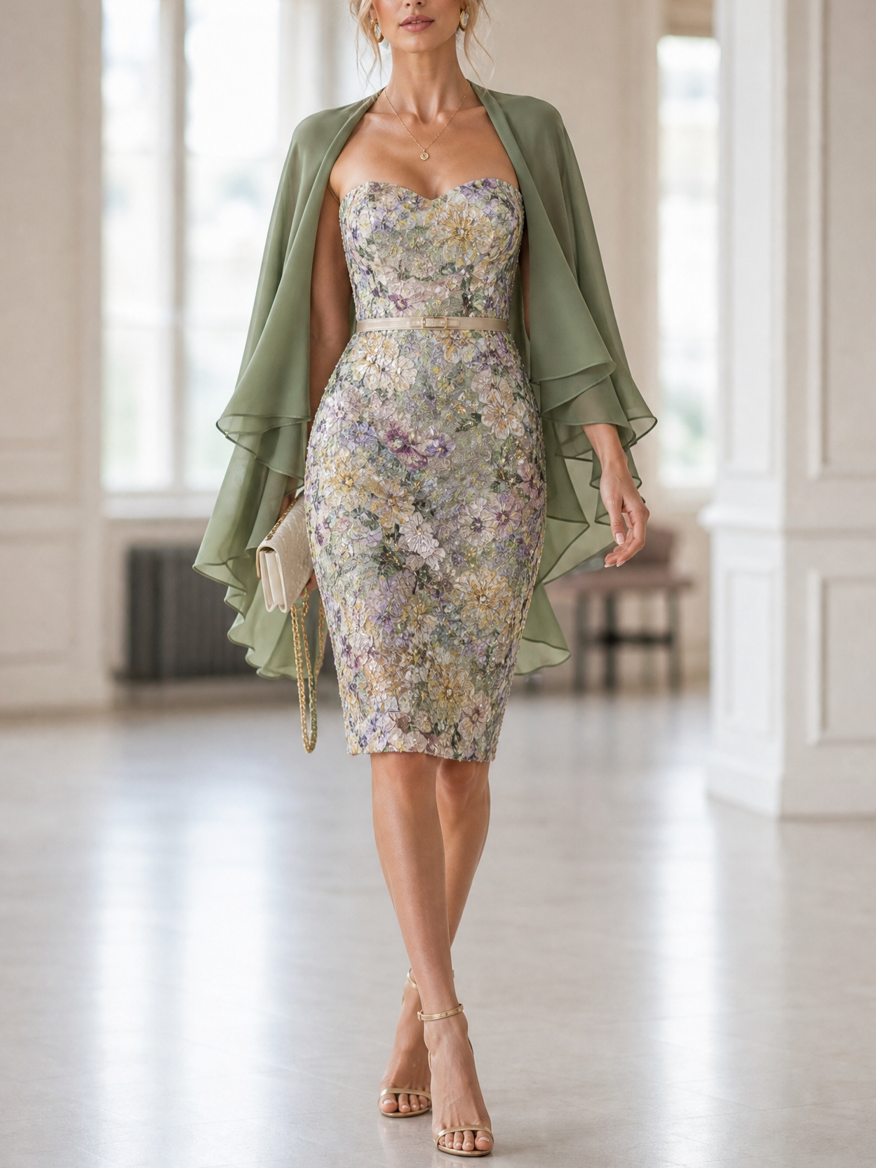 Strapless 3D Floral Embellished Sheath Midi Dress with Chiffon Capelet & Belt