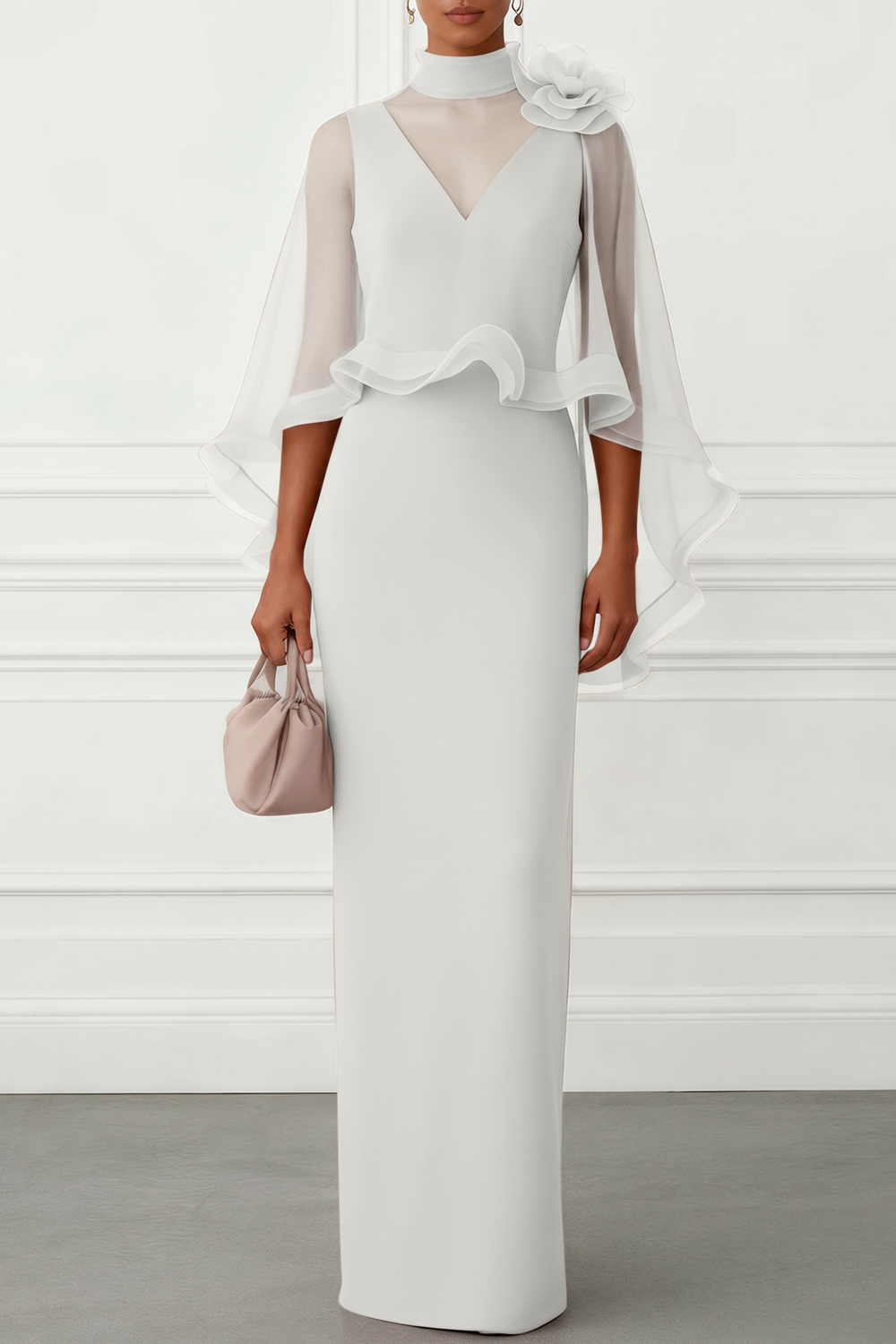 Nudepink 3D Floral Mesh Classic Mock Neck Half Sleeve Sheath Floor-length Gown Dress