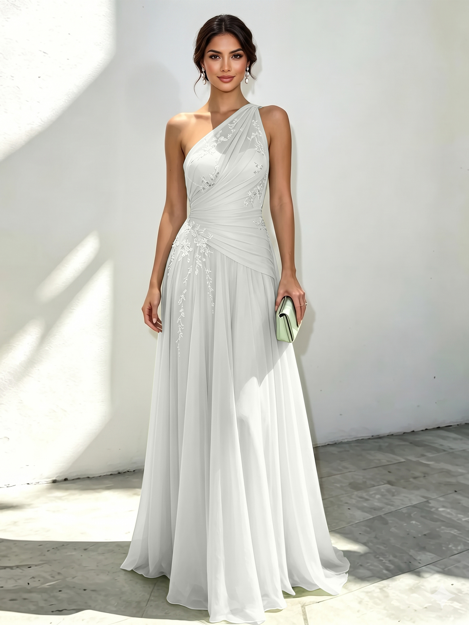 Mint Green Applique 3D Floral Chiffon One Shoulder Sleeveless A-Line Floor Length Dress