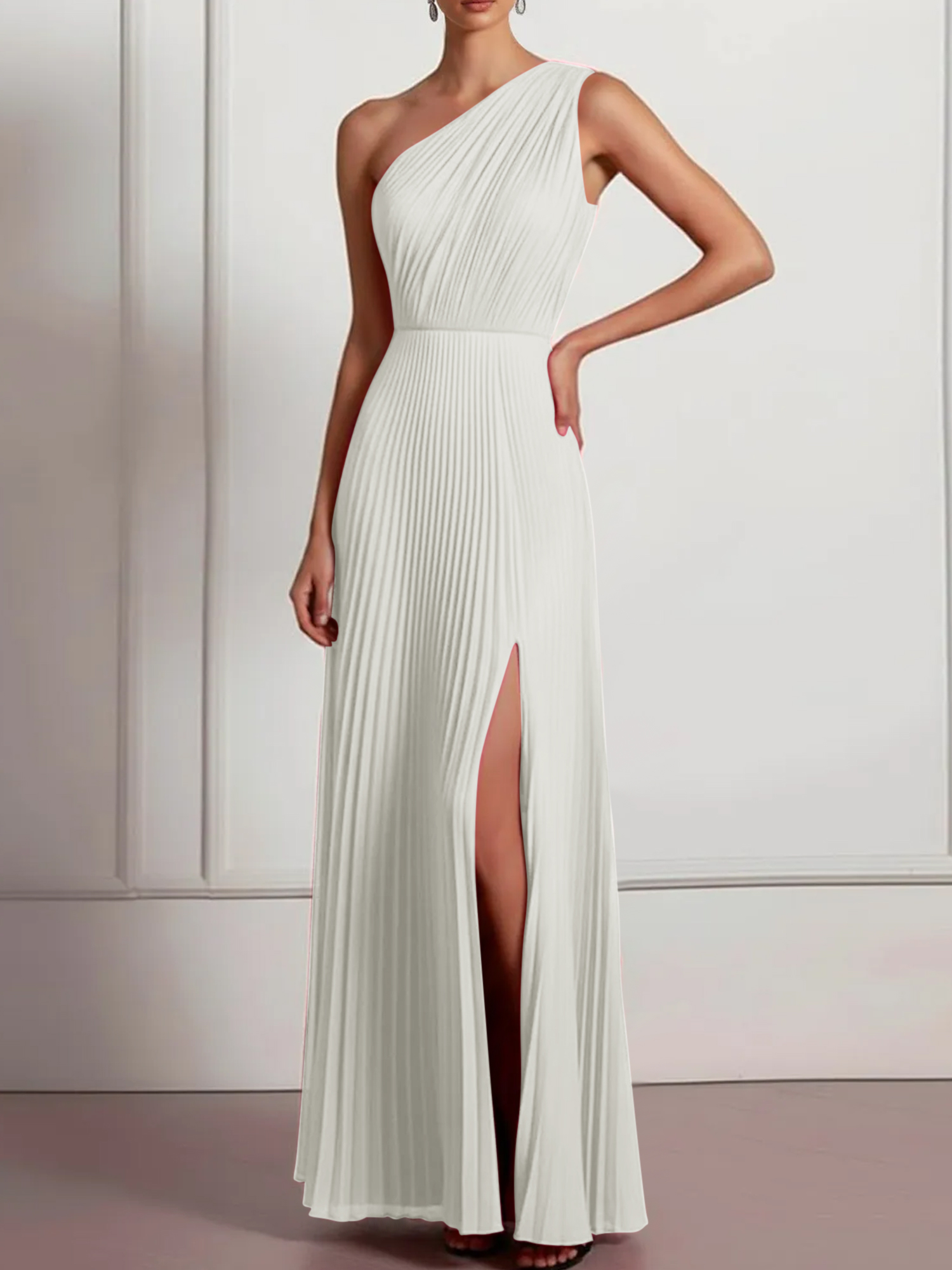 Blush Formal Party Dress One Shoulder Pleated Maxi Dress with Slit
