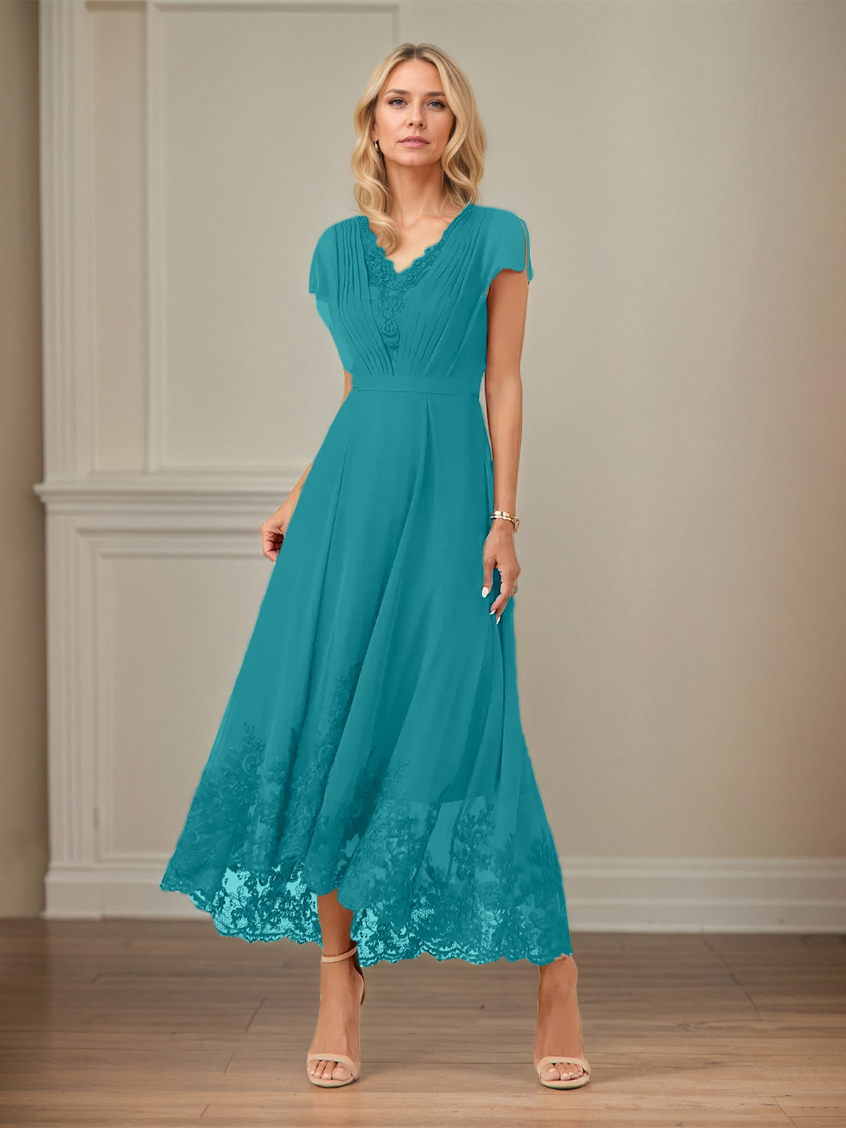 A Line V Neck Flutter Sleeve Ankle Length Chiffon Dress With Appliques