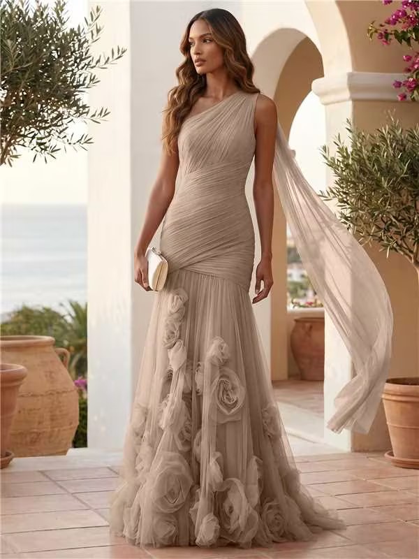Blush Pink One-Shoulder 3D Floral Tulle Mermaid Gown with Cape