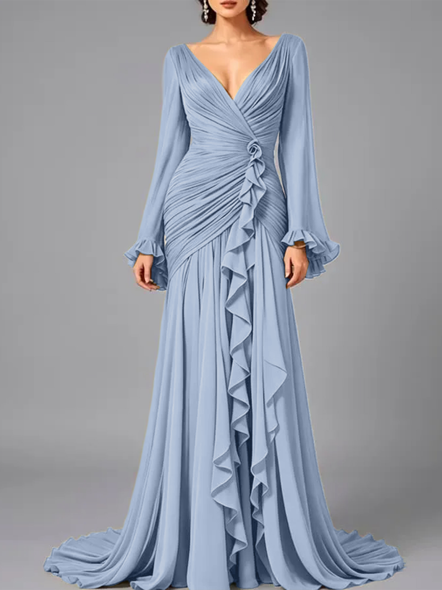 V-Neck Sheer Long Sleeve Ruffled Chiffon Dress