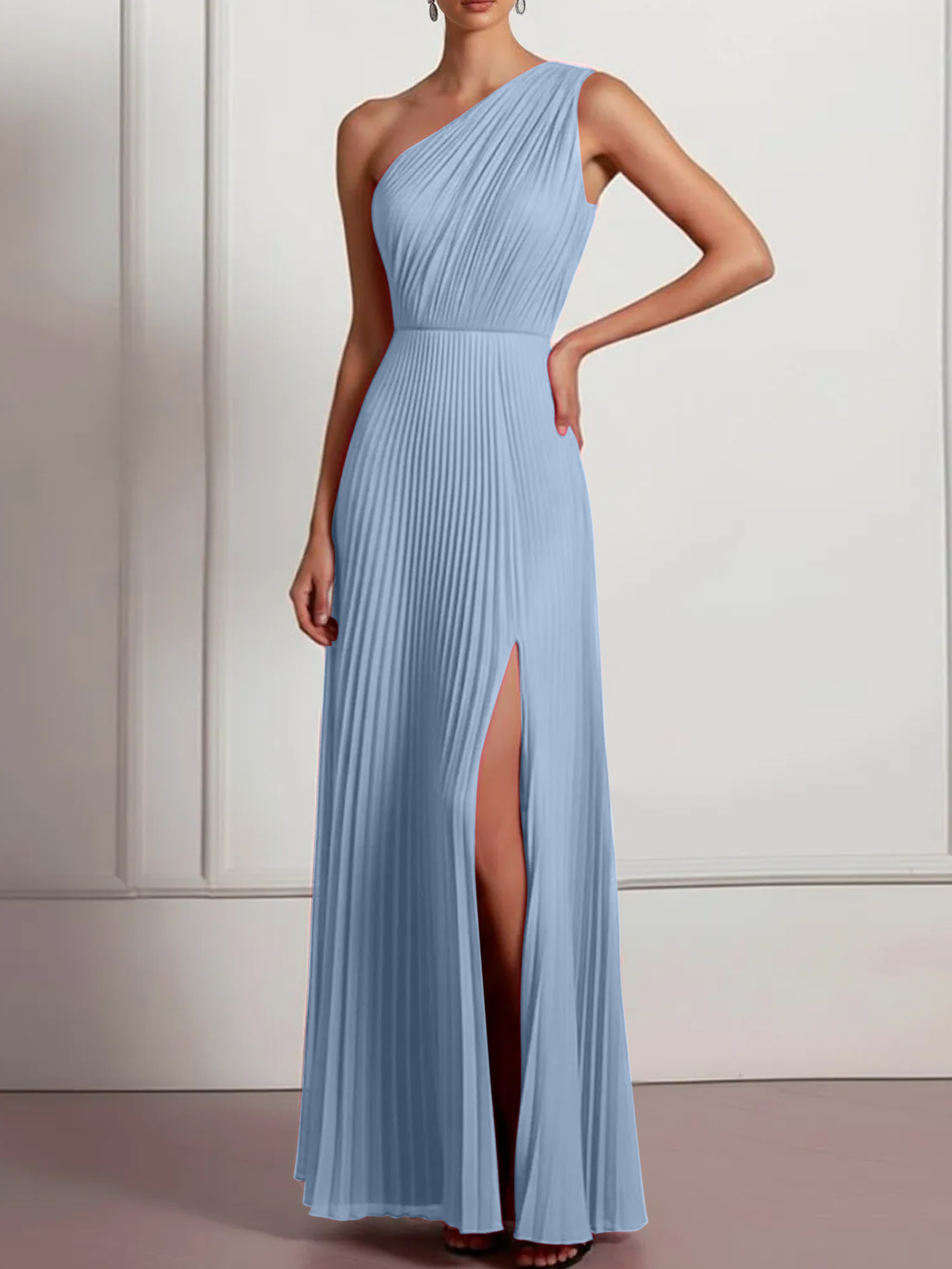 Blush Formal Party Dress One Shoulder Pleated Maxi Dress with Slit