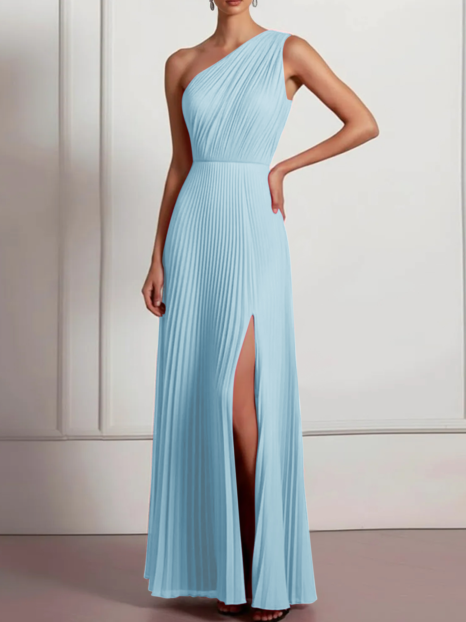 Blush Formal Party Dress One Shoulder Pleated Maxi Dress with Slit