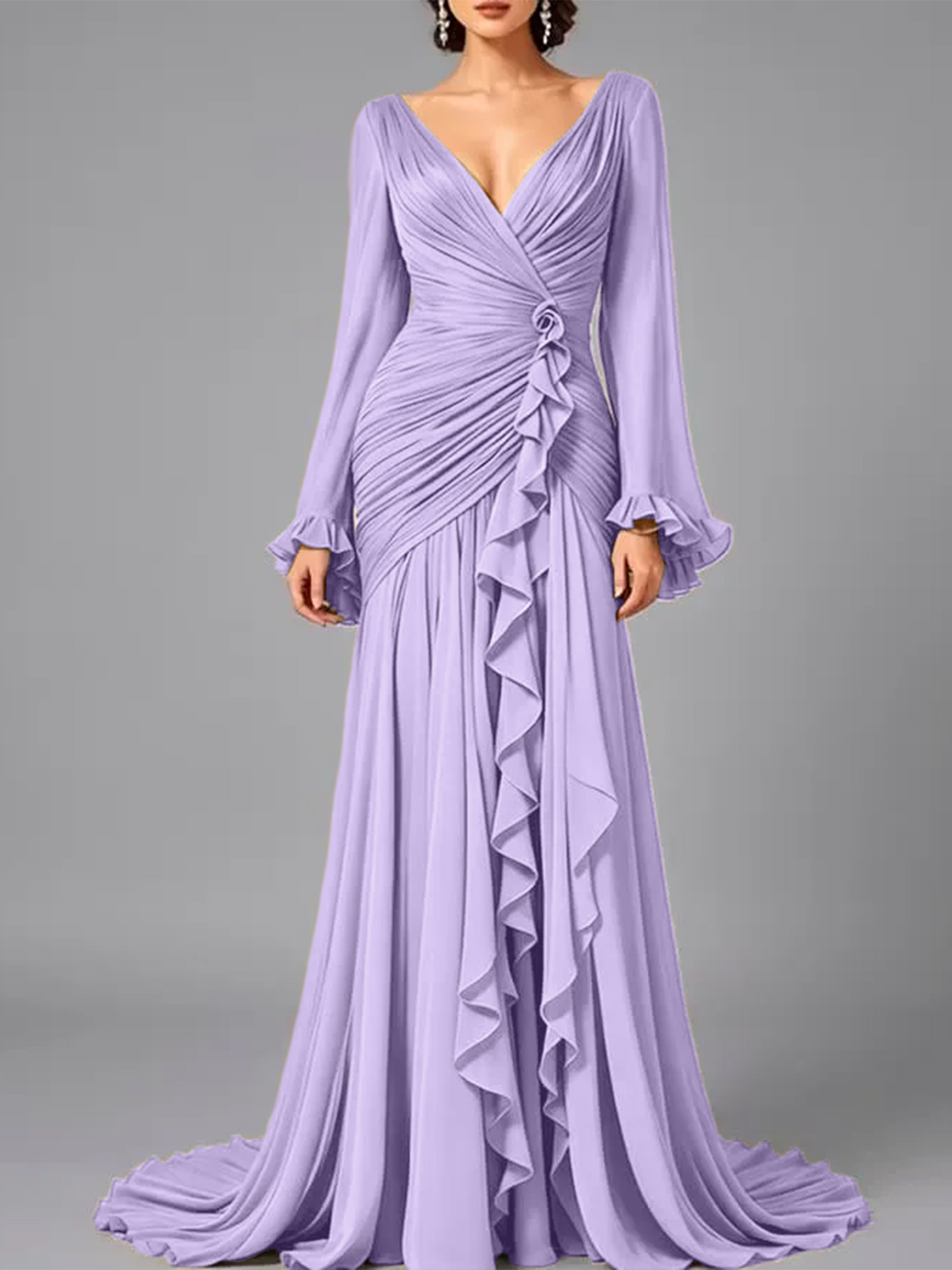 V-Neck Sheer Long Sleeve Ruffled Chiffon Dress