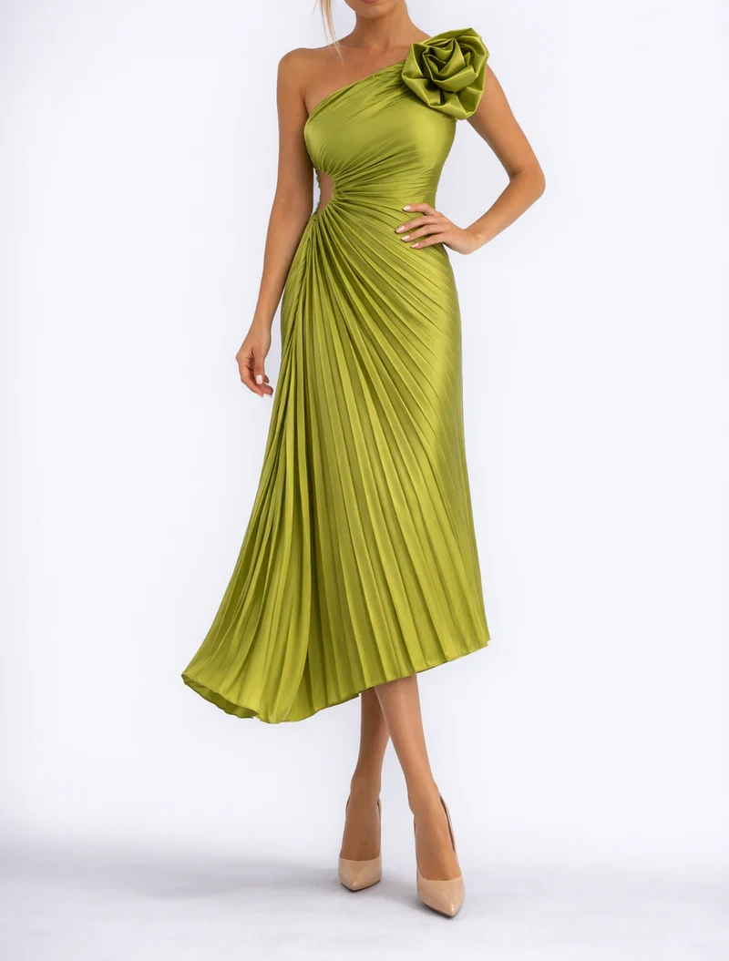 Formal Wedding Guest Dress: Green Satin Pleated Midi