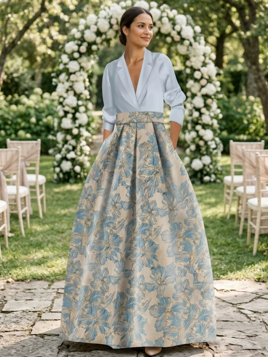 A-Line/Princess Shirt Collar 3/4 Sleeves Printed Flower Mother of the Bride & Groom Dresses