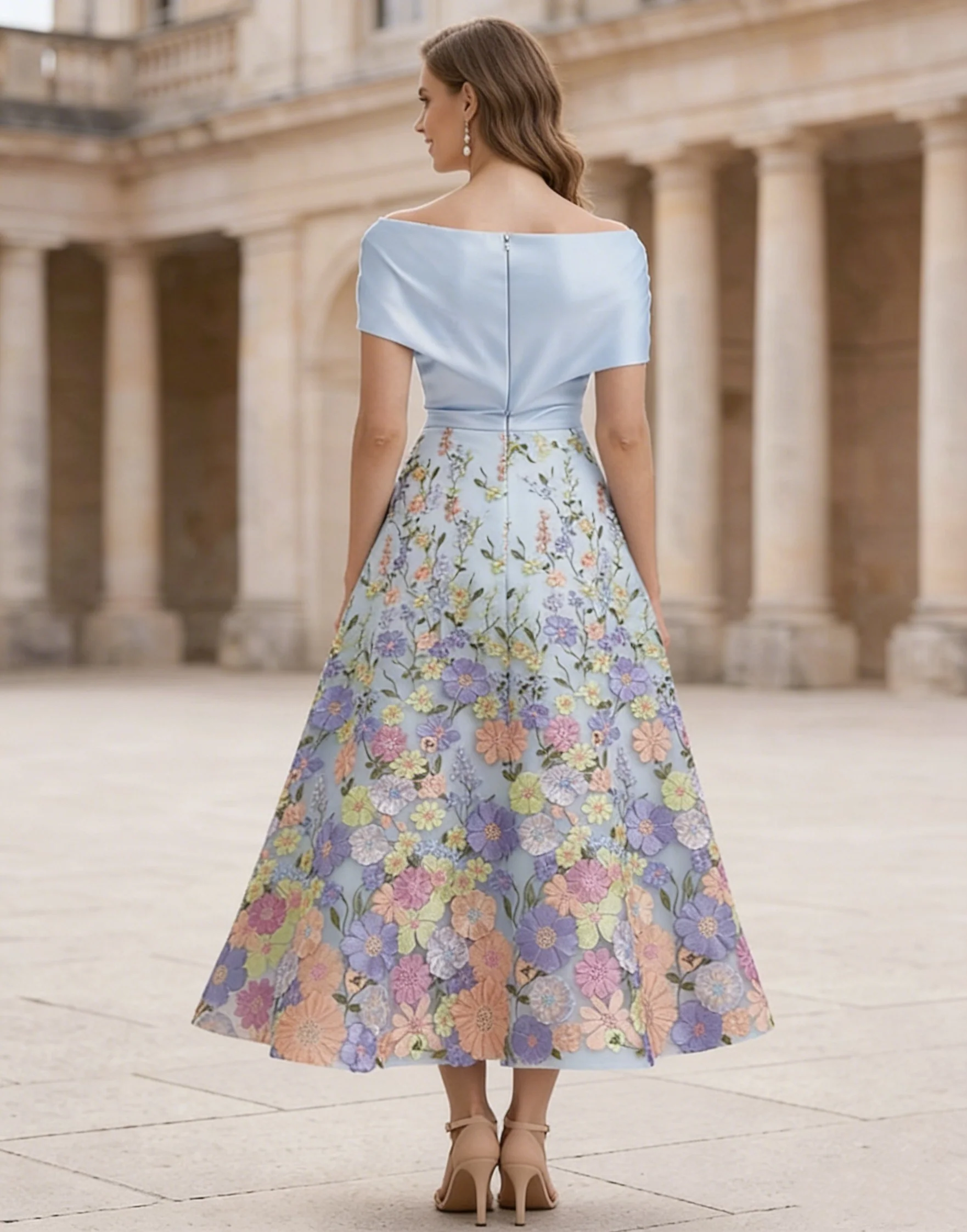 A-Line/Princess Boat Neck Satin Mother of the Bride Dresses Floral Tea-Length Short Sleeves Ruched