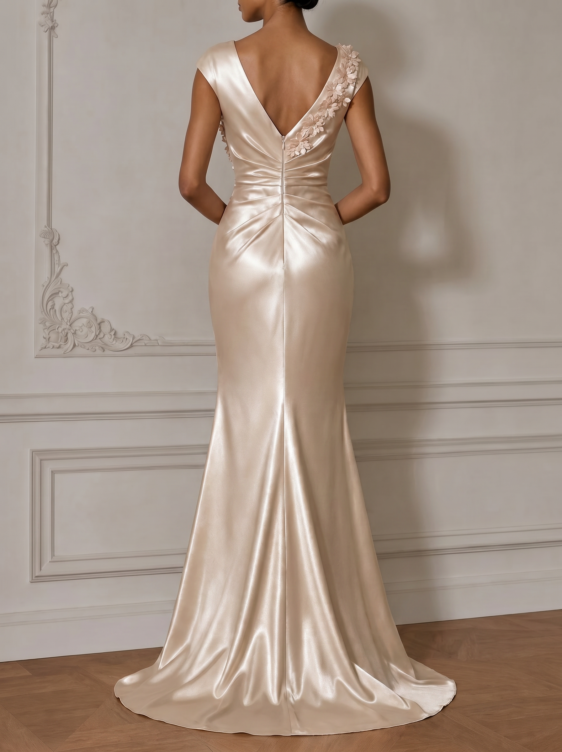 Champagne Satin Cap Sleeve 3D Floral Embellished Mermaid Gown