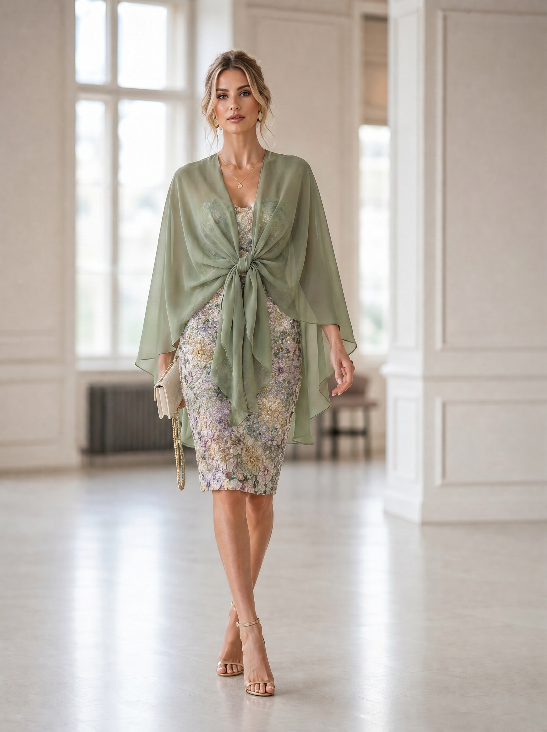 Strapless 3D Floral Embellished Sheath Midi Dress with Chiffon Capelet & Belt