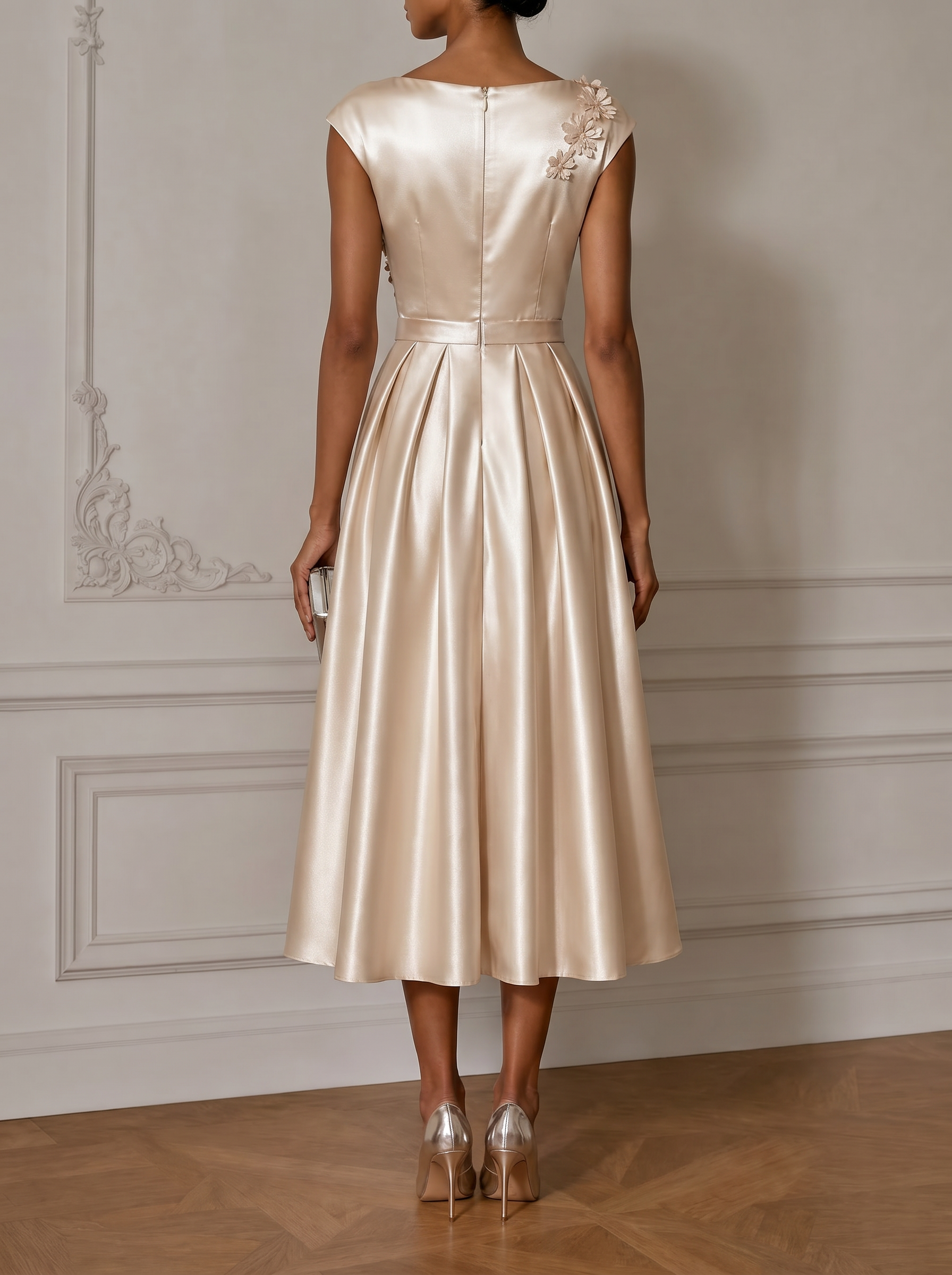 Champagne Satin Cap Sleeve 3D Floral Embellished A-Line Midi Dress