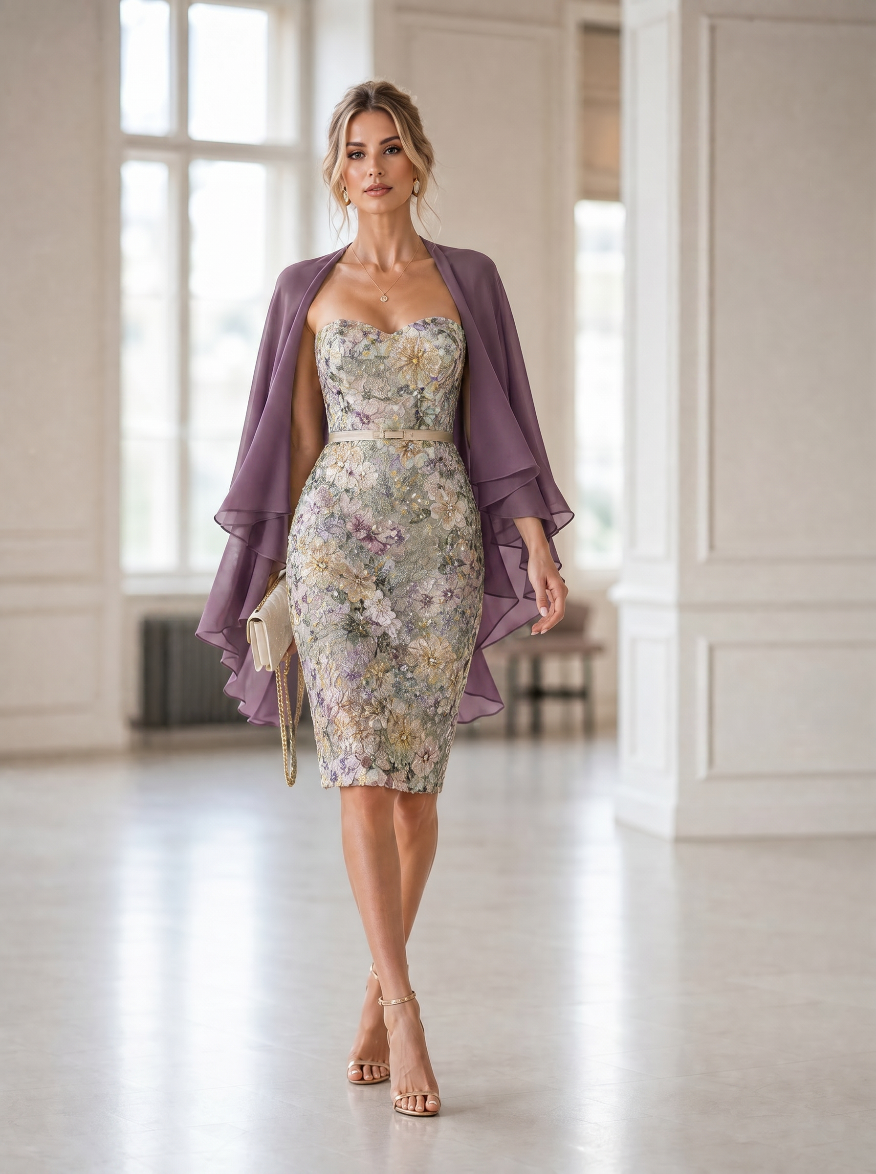Strapless 3D Floral Embellished Sheath Midi Dress with Chiffon Capelet & Belt