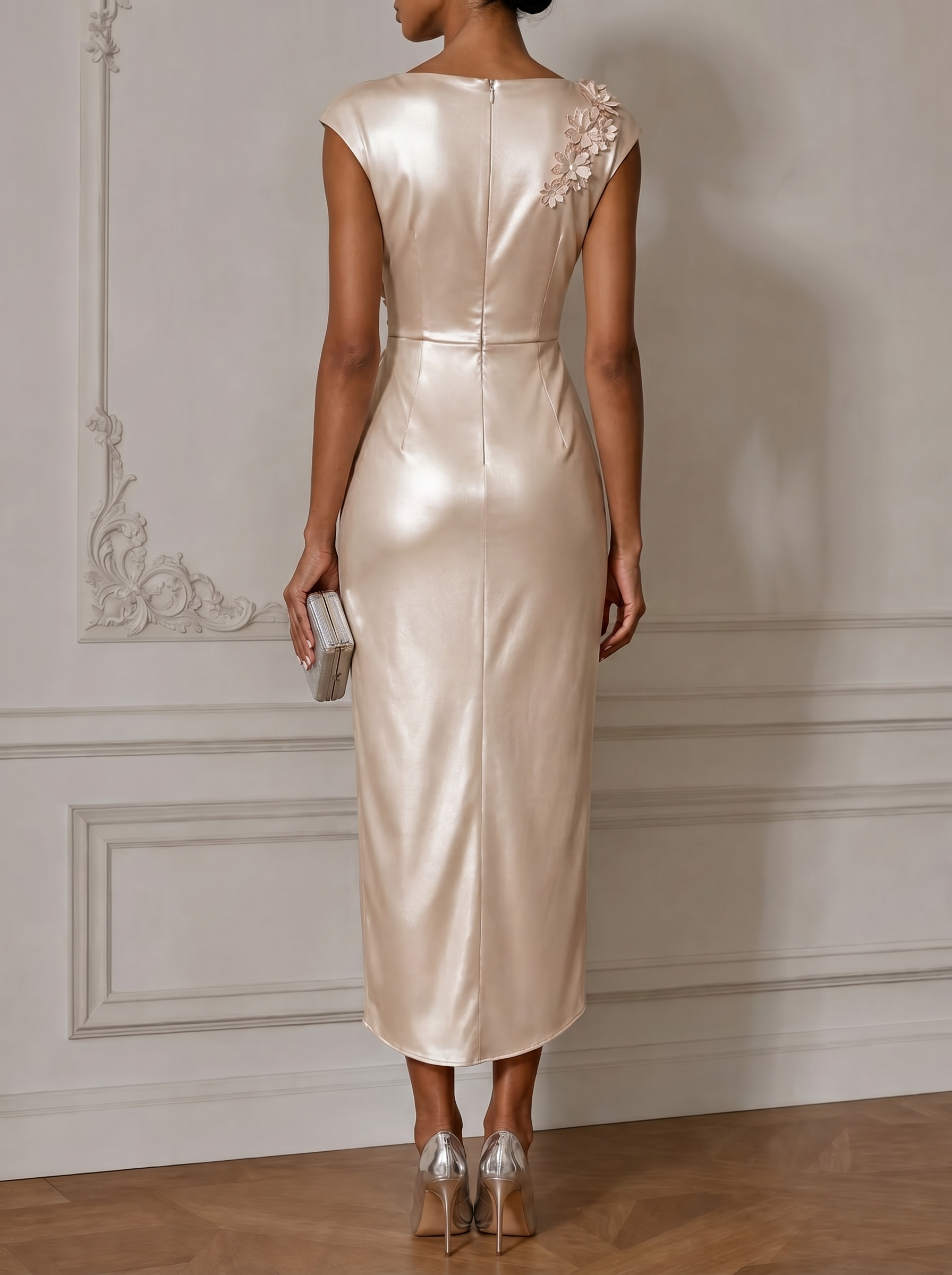 Champagne Satin Cap Sleeve 3D Floral Embellished Sheath Midi Dress