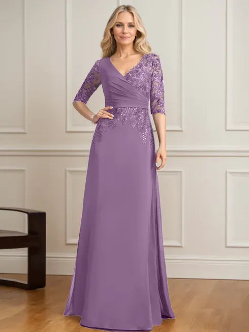 A-line V-Neck Floor-Length Lace Chiffon Mother of the Bride Dress With Pleated Sequins