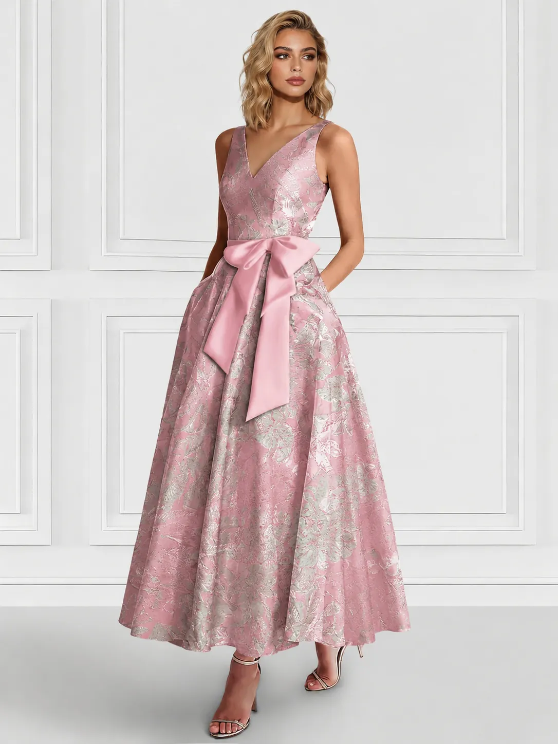 A-Line/Princess Cocktail Dresses Floral Formal V Neck Sleeveless Tea Length with Bowknot Pocket