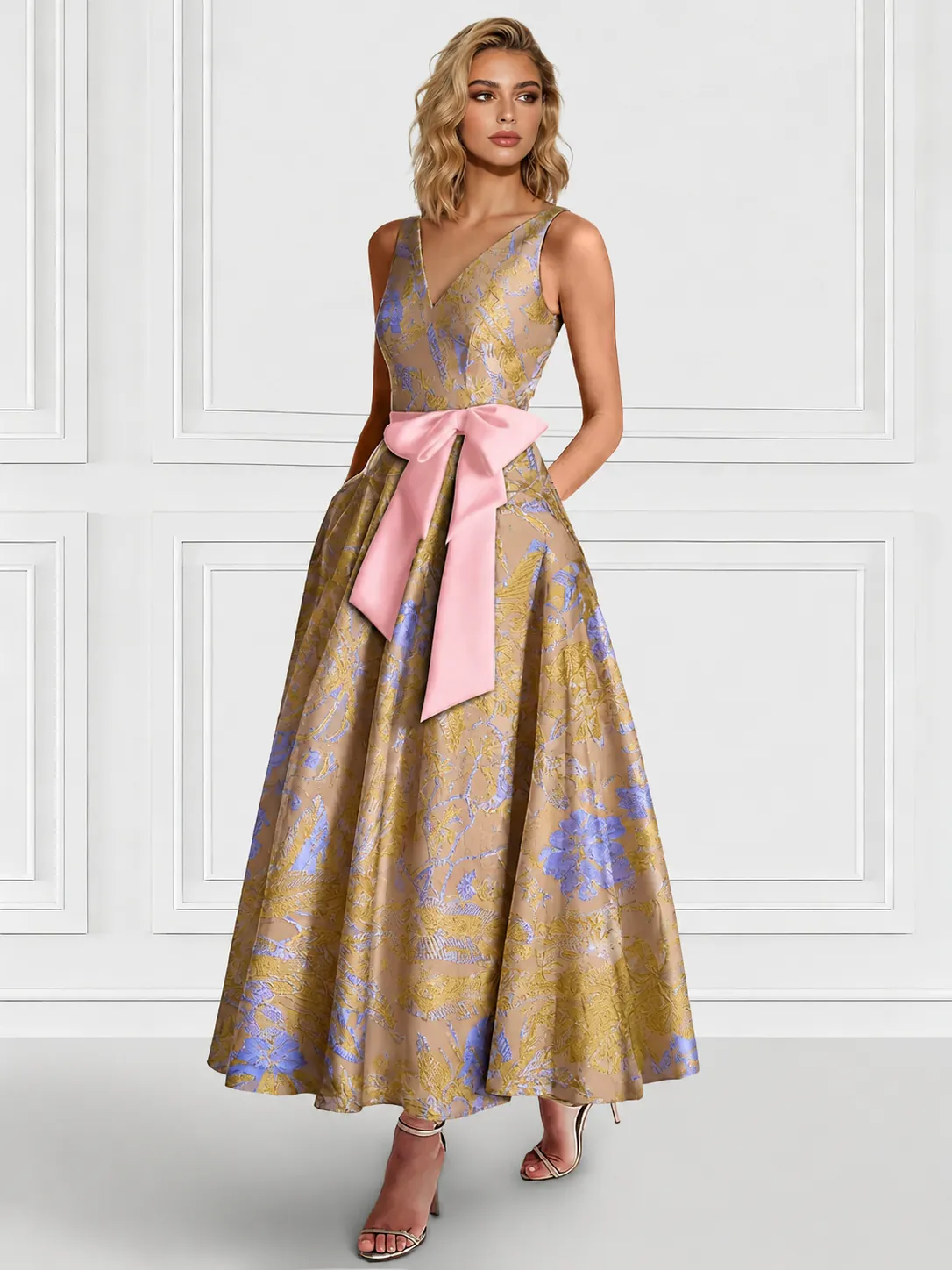 A-Line/Princess Cocktail Dresses Floral Formal V Neck Sleeveless Tea Length with Bowknot Pocket