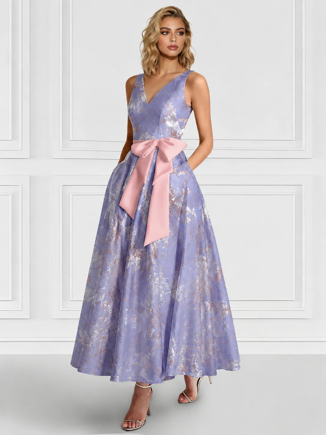 A-Line/Princess Cocktail Dresses Floral Formal V Neck Sleeveless Tea Length with Bowknot Pocket