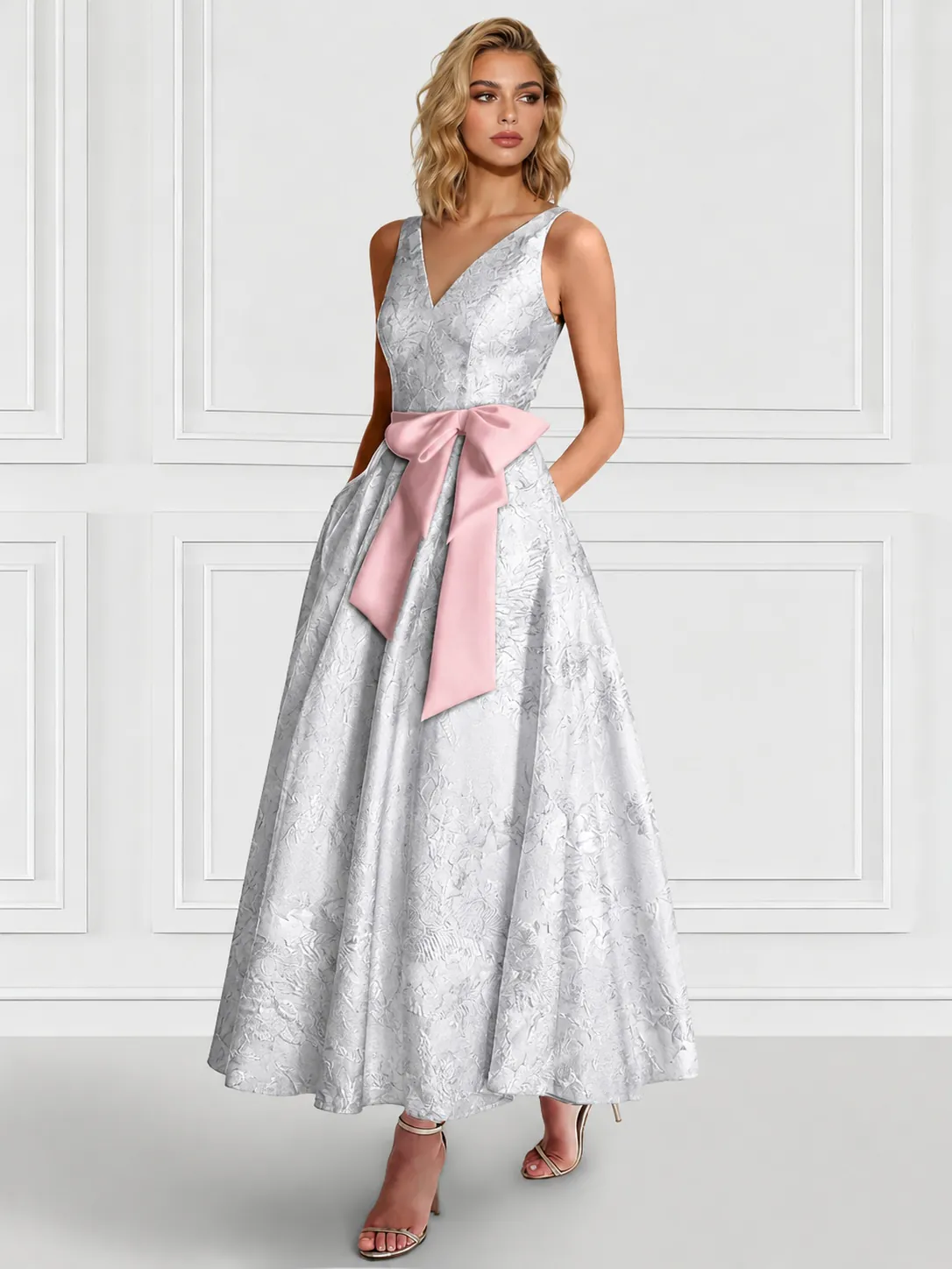A-Line/Princess Cocktail Dresses Floral Formal V Neck Sleeveless Tea Length with Bowknot Pocket
