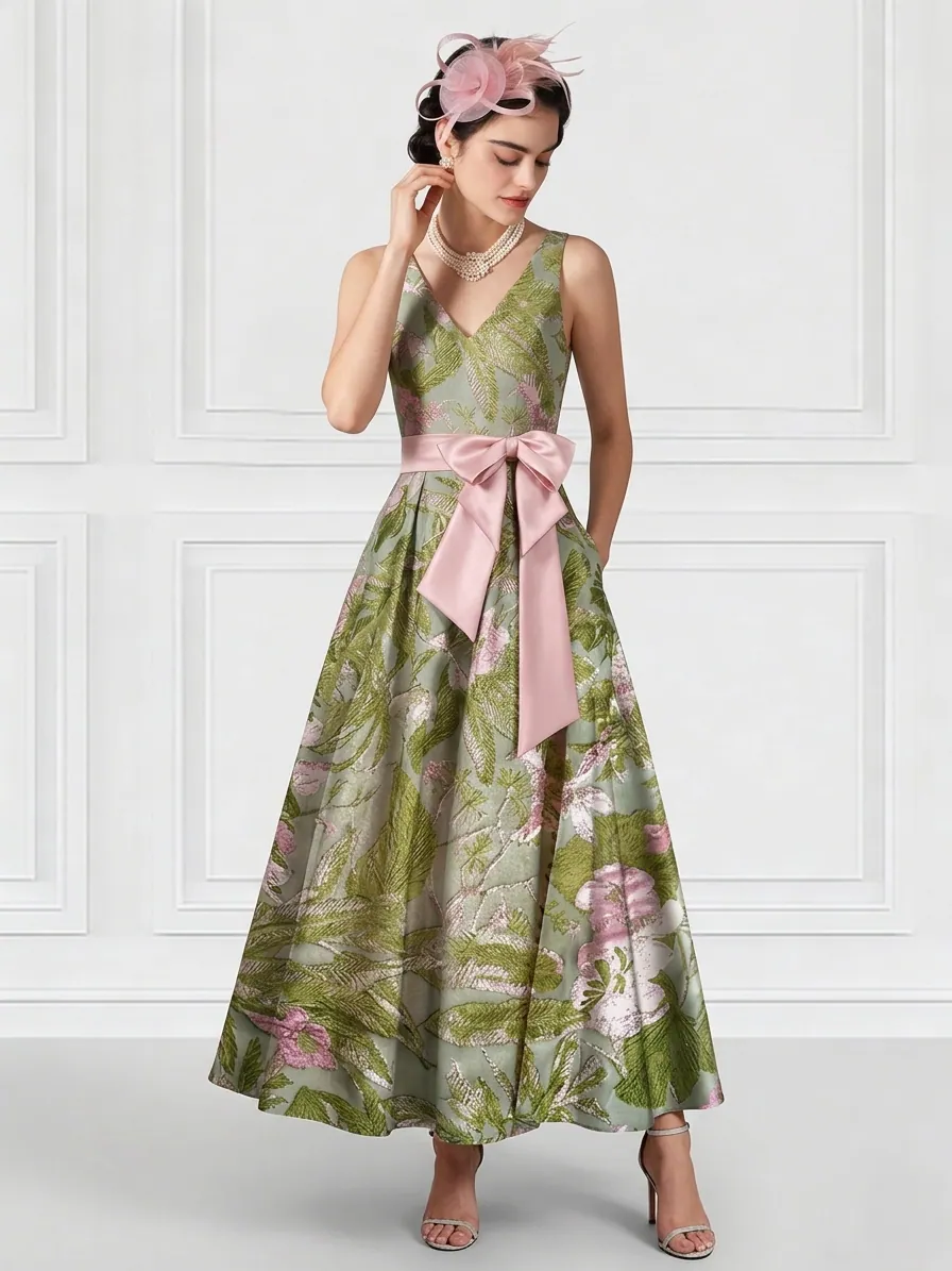 A-Line/Princess Cocktail Dresses Floral Formal V Neck Sleeveless Tea Length with Bowknot Pocket