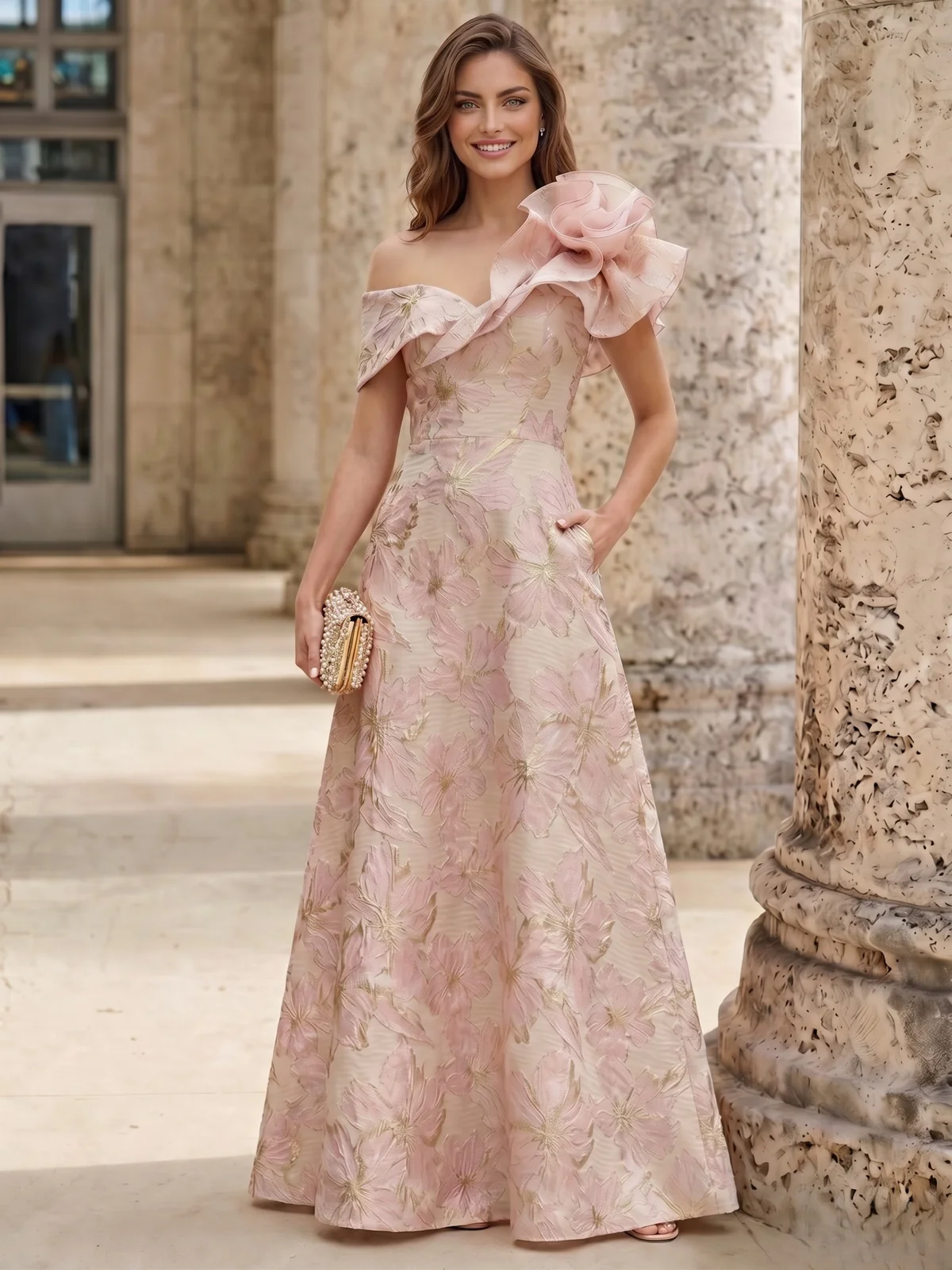 A-Line Evening Gown Elegant Jacquard Floral Dress Floor Length With Shoulder Flower Short Sleeves One Shouldr Pocket Pink Mother Of The Bride Dresses