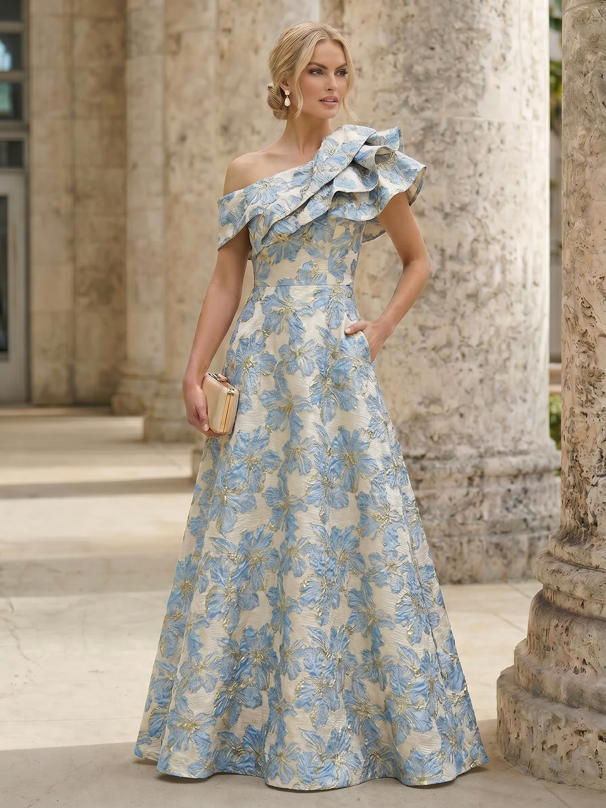 A-Line Evening Gown Elegant Jacquard Floral Dress Floor Length With Shoulder Flower Short Sleeves One Shouldr Pocket Pink Mother Of The Bride Dresses