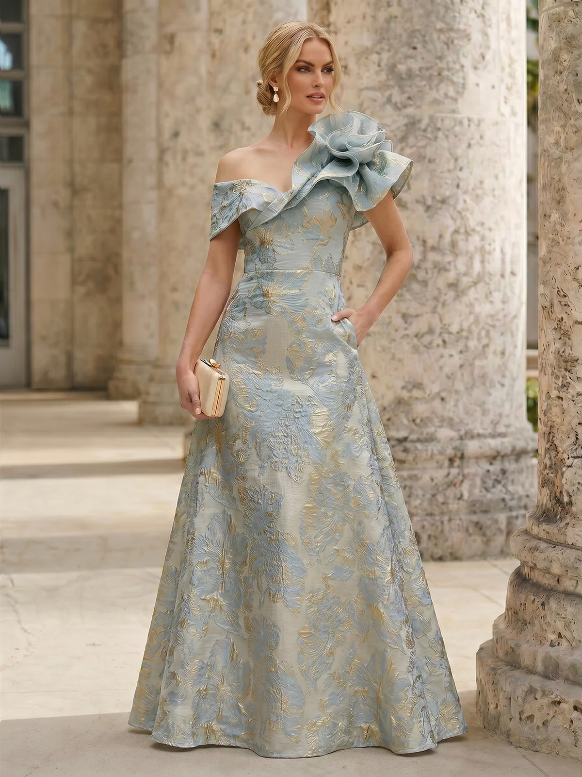 A-Line Evening Gown Elegant Jacquard Floral Dress Floor Length With Shoulder Flower Short Sleeves One Shouldr Pocket Pink Mother Of The Bride Dresses