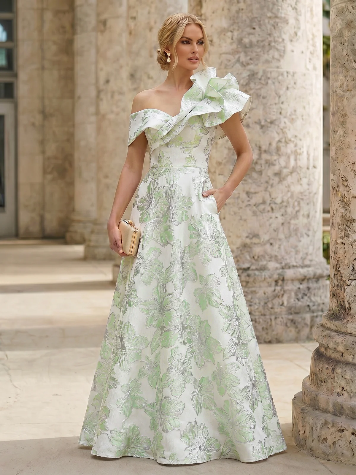 A-Line Evening Gown Elegant Jacquard Floral Dress Floor Length With Shoulder Flower Short Sleeves One Shouldr Pocket Pink Mother Of The Bride Dresses